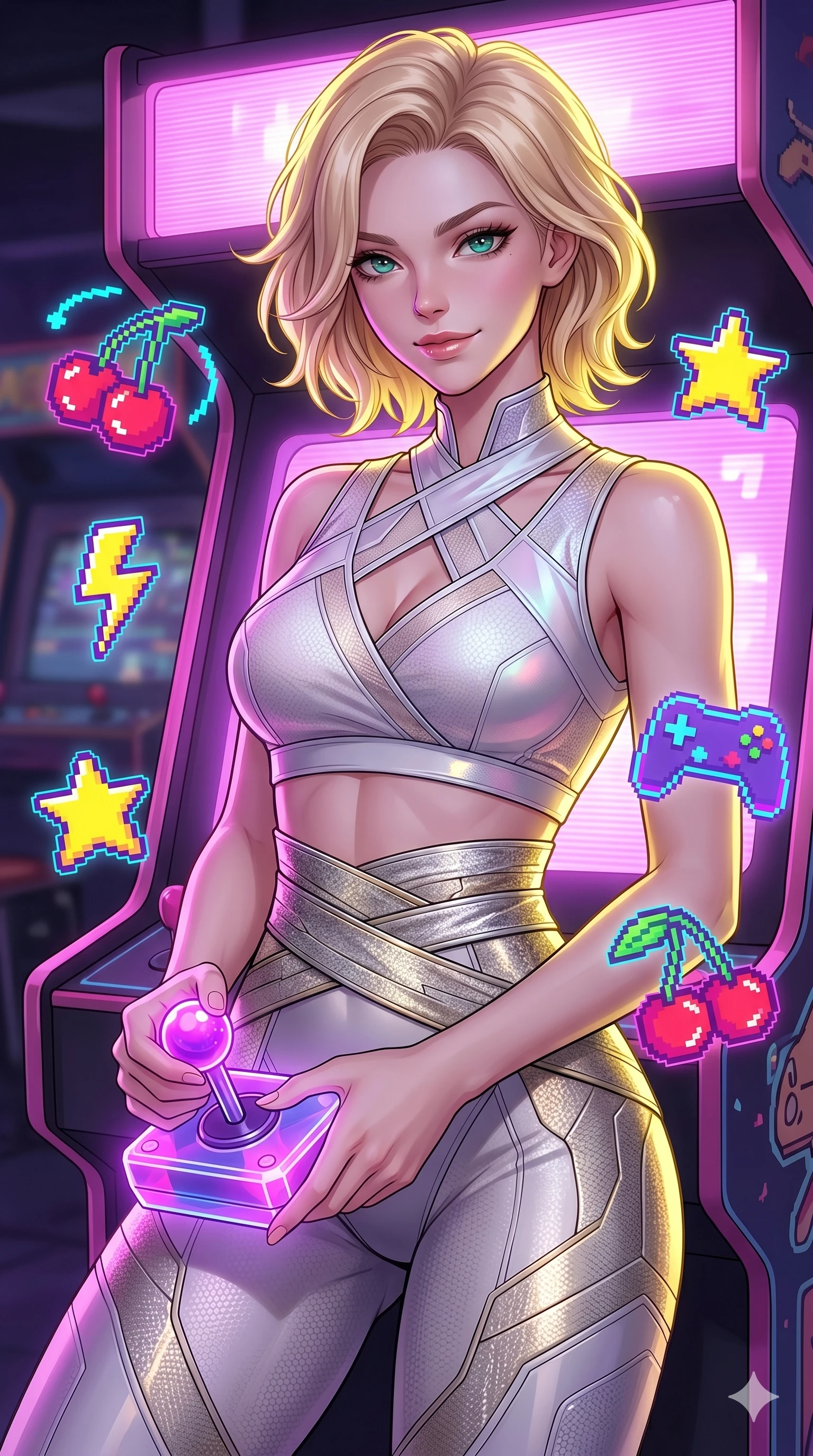 score_9, masterpiece, best quality, ultra-detailed, high-budget anime keyframe, Caucasian woman, strictly human ears. Upper body close-up from the thighs up, character filling the screen for maximum presence. She is leaning back against a glowing retro arcade cabinet, surrounded by floating pixelated neon icons. She holds a glowing joystick with a teasing, commanding smile. She has an absolutely perfect 8-heads proportion, a tall and elegant figure with a refined silhouette and a defined waistline. V-shaped jawline, high-bridge nose, intricate jewel-like eyes with depth, thick eyelashes, glossy lips with a natural sheen. She is wearing a cropped cyber-fusion wrap top with delicate textured panels, a geometric crossover collar, and a high-waisted metallic sash highlighting her defined waistline. The scene is illuminated by bright pink and violet neon screen glare and a sharp yellow ambient rim light. 2k, ultra detail, master piece, 9:16 ratio