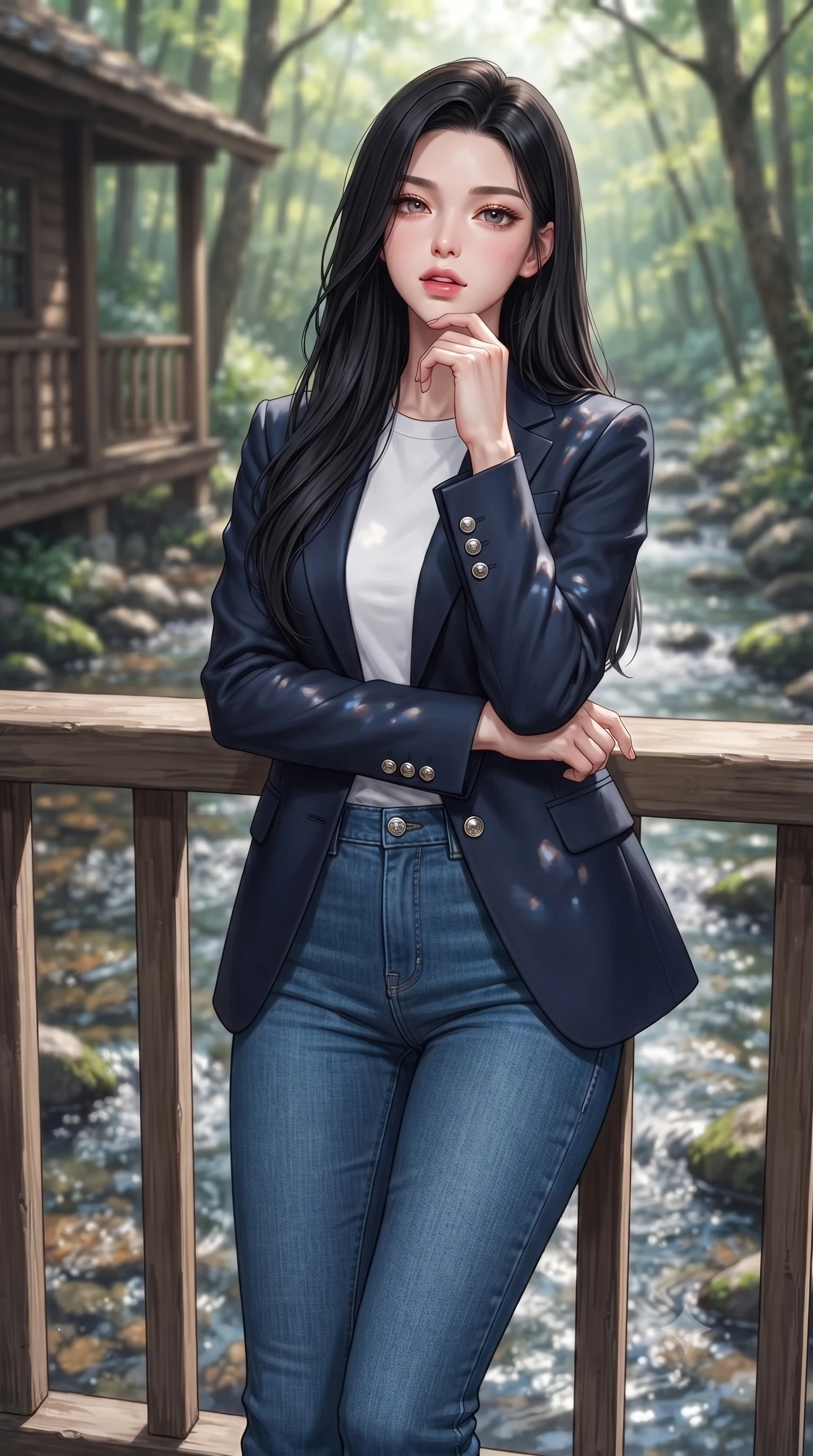 score_9, masterpiece, best quality, ultra-detailed, high-budget anime keyframe, editorial fashion photography, tasteful artistic composition, Korean woman woman. close-up cowboy shot from the waist and thighs up, the character dominates the composition, filling the frame with her large presence, background elements kept in soft focus. tilting her chin up slightly with lips parted in a composed, provocative expression the background shows a soft-focus a cozy cottage porch beside a bubbling forest stream with clear running water. She has an exceptionally elegant, slender, and willowy female figure with an ultra-slim waist, a gracefully sculpted slender torso, and a refined silhouette. sharp v-shaped jawline, high-bridge nose, intricate jewel-like eyes with depth, thick eyelashes, glossy lips with a natural sheen. wearing a tailored classic navy blue blazer over a white crewneck shirt and straight-leg blue jeans. dappled sunbeams reflecting off the moving water surface onto her form. ultra-reflective glossy finish, specular highlights, metallic sheen, high-contrast stereoscopic depth, volumetric dynamic lighting, 2k, ultra detail, master piece, 9:16 ratio