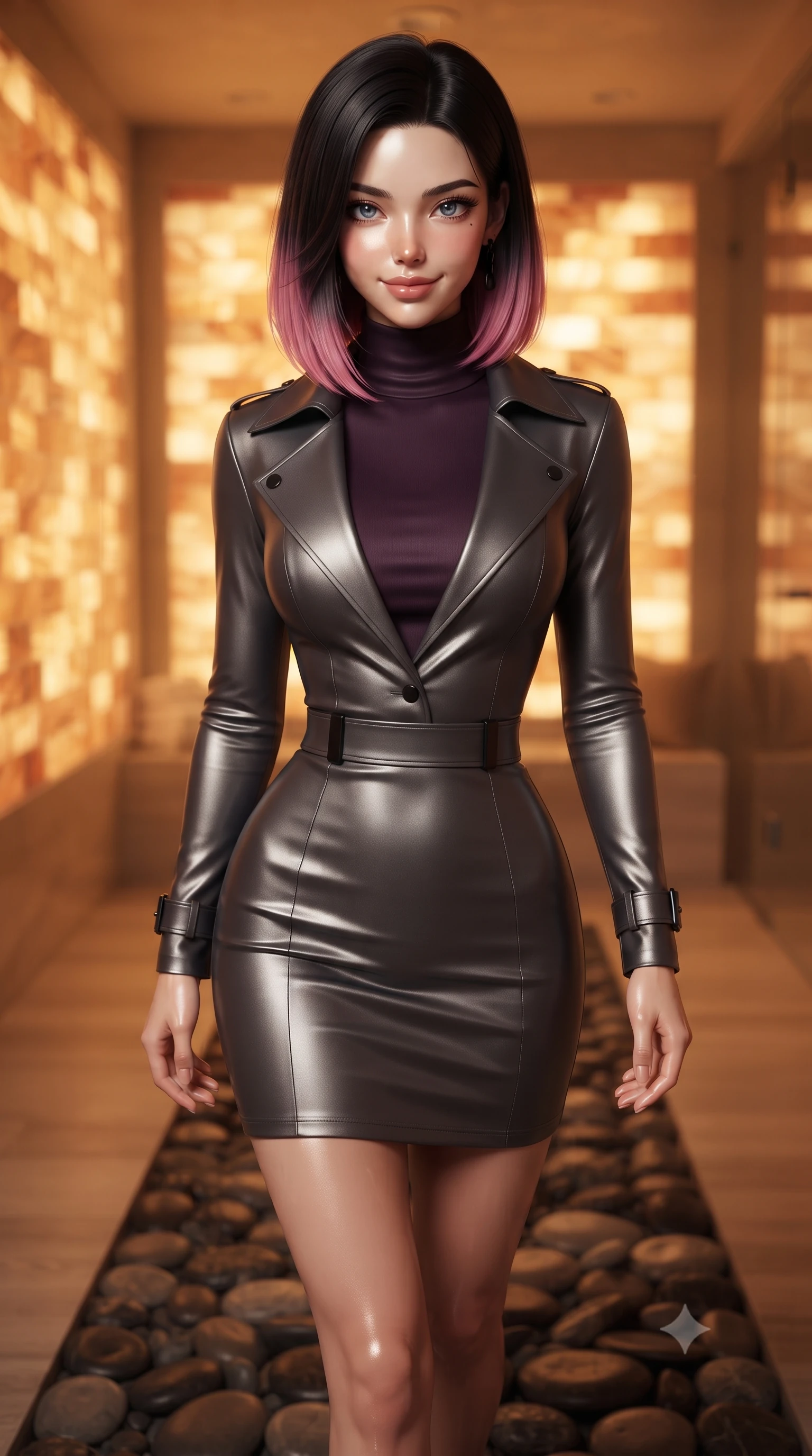 score_9, masterpiece, best quality, ultra-detailed, high-budget anime keyframe, editorial fashion photography, tasteful artistic composition, Korean woman. close-up cowboy shot from the waist and thighs up, the character dominates the composition, filling the frame with her large presence, background elements kept in soft focus. Smiling with quiet, magnetic self-assurance directly into the camera, stepping gracefully across smooth river stones in a private glass steam room, graceful posture revealing an ultra-slim waistline and sculpted torso. She has an exceptionally elegant, slender, and willowy female figure with an ultra-slim waist, a gracefully sculpted slender torso, and a refined silhouette. sharp v-shaped jawline, high-bridge nose, intricate jewel-like eyes with depth, thick eyelashes, glossy lips with a natural sheen. wearing structured charcoal trench dress over sleek turtleneck in dark plum violet, made of liquid dark mercury jersey, adorned with minimalist black onyx hardware framing the silhouette, the fitted fabric emphasizing her ultra-slim waist. bathed in warm golden amber light radiating from glowing salt brick walls. ultra-reflective glossy finish, specular highlights, metallic sheen, high-contrast stereoscopic depth, volumetric dynamic lighting, 2k, ultra detail, master piece, 9:16 ratio