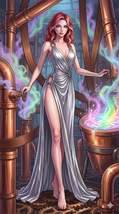 score_9, masterpiece, best quality, ultra-detailed, high-budget anime keyframe, Caucasian woman, strictly human ears. low angle full-body shot filling the entire 9:16 frame with her statuesque presence, stretching the vertical silhouette. operating a