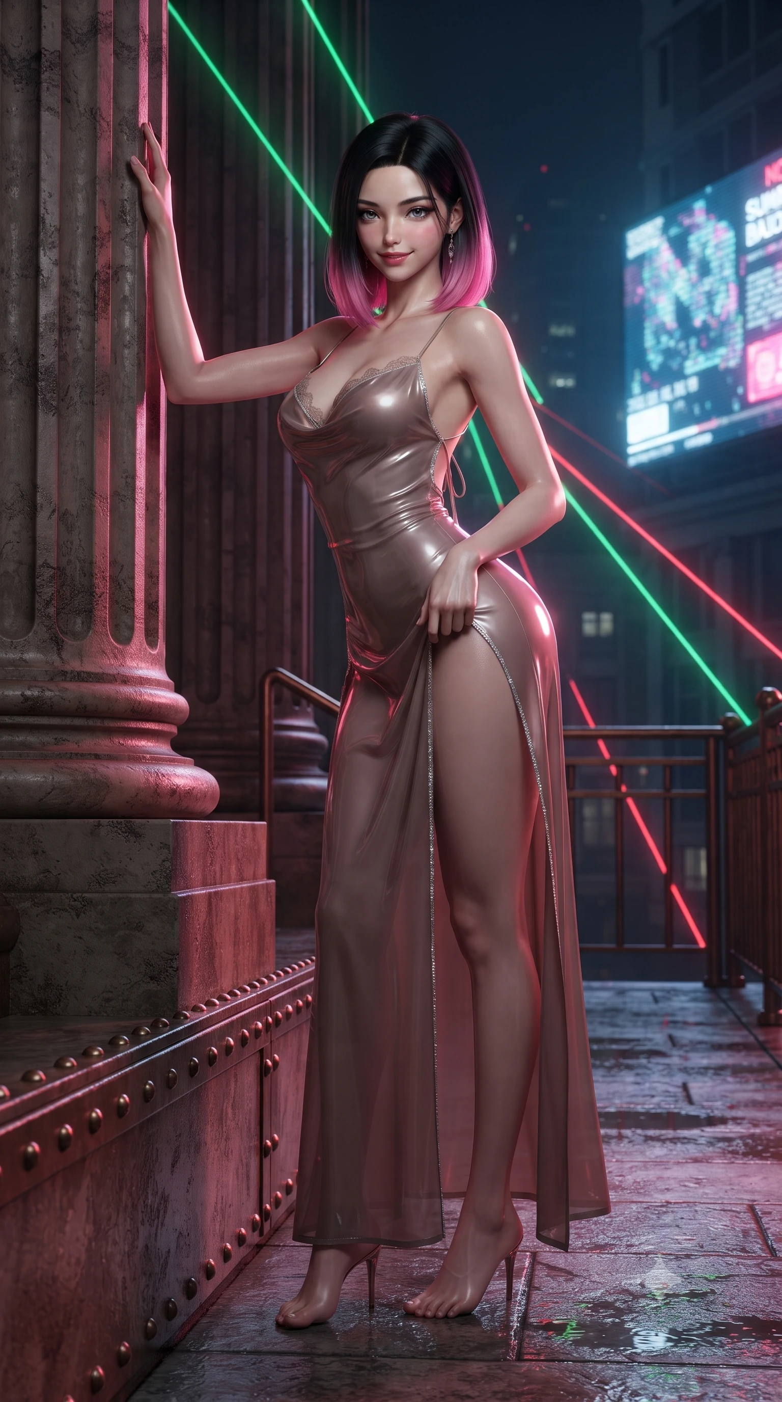 score_9, masterpiece, best quality, ultra-detailed, high-budget anime keyframe, editorial fashion photography, tasteful artistic composition, Korean woman. low angle full-body shot from head to toe showing her feet, filling the entire 9:16 vertical frame with her statuesque presence, stretching her vertical silhouette. standing tall beside the architectural column, one hand resting high while arching her lower back to emphasize her sculpted feminine hips and slender waist while twisting her slender torso in an alluring contrapposto stance, sweeping green laser beams and red neon reflections tracing her curves. The surrounding environment is rendered in vivid detail and crisp panoramic clarity: sharp wet stone terrace textures, bronze guardrail rivets, and holographic billboard pixel structure in deep focus. She has an absolutely perfect, statuesque 8.5-heads proportion, an exceptionally tall and slender model-like female figure with impossibly long slender legs, an ultra-slim waist, a flat toned midriff, narrow delicate ribcage, and beautifully sculpted feminine hips creating a graceful, slim hourglass silhouette without any bulky heaviness. sharp v-shaped jawline, high-bridge nose, sparkling eyes with hypnotic seductive depth, thick curled eyelashes, glossy parted lips with a natural dewy peach sheen, alluring bedroom-eyes with an enchanting coquettish smile, exuding magnetic siren charisma and sophisticated glamour, flawlessly proportioned anatomical accuracy, strict slender model proportions, natural body alignment, perfectly sculpted long slender limbs, ultra-slim waistline, clean dynamic posture without body distortion. wearing a plunging cowl-neck liquid silk satin slip gown with daring hip-high double slits and delicate back ties in sheer dusky champagne and glistening crystal trims, crafted from wet-look high-gloss vinyl fabric with dazzling specular surface reflections, finished with scalloped eyelash lace trim framing her sweetheart neckline with intimate elegance, the high-slit wrap tailoring accentuating her ultra-slim waistline and the enchanting curve of her feminine hips with alluring seductive charm. illuminated by wet terrace specular reflections and sharp emerald-magenta rim lights sculpting her razor-sharp jawline, narrow waist, and curvy hips. ultra-reflective glossy finish, specular highlights, rich textural contrasts, high-contrast stereoscopic depth, volumetric dynamic lighting, 2k, ultra detail, master piece, 9:16 ratio