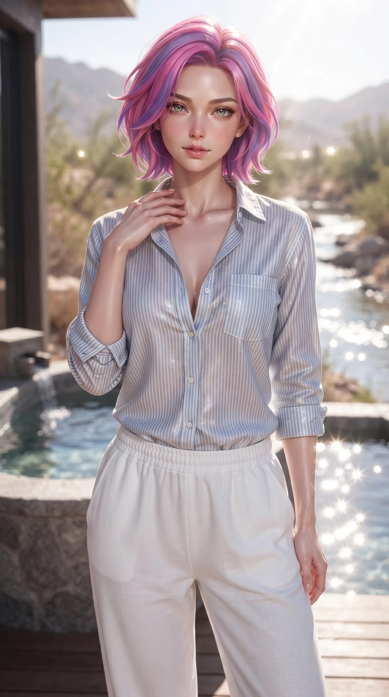 score_9, masterpiece, best quality, ultra-detailed, high-budget anime keyframe, editorial fashion photography, tasteful artistic composition, Caucasian woman. close-up cowboy shot from the waist and thighs up, the character dominates the composition, filling the frame with her large presence, background elements kept in soft focus. standing with one hand resting on her collarbone, looking at the viewer with bedroom-eyes the background shows a soft-focus a stone bath tub on a private deck overlooking a quiet desert oasis stream. She has an exceptionally elegant, slender, and willowy female figure with an ultra-slim waist, a gracefully sculpted slender torso, and a refined silhouette. sharp v-shaped jawline, high-bridge nose, intricate jewel-like eyes with depth, thick eyelashes, glossy lips with a natural sheen. wearing a slim-fit soft striped linen button-down shirt and relaxed-fit white cotton lounge pants. bright morning sun rays creating sparkling glints on the water and her form. ultra-reflective glossy finish, specular highlights, metallic sheen, high-contrast stereoscopic depth, volumetric dynamic lighting, 2k, ultra detail, master piece, 9:16 ratio