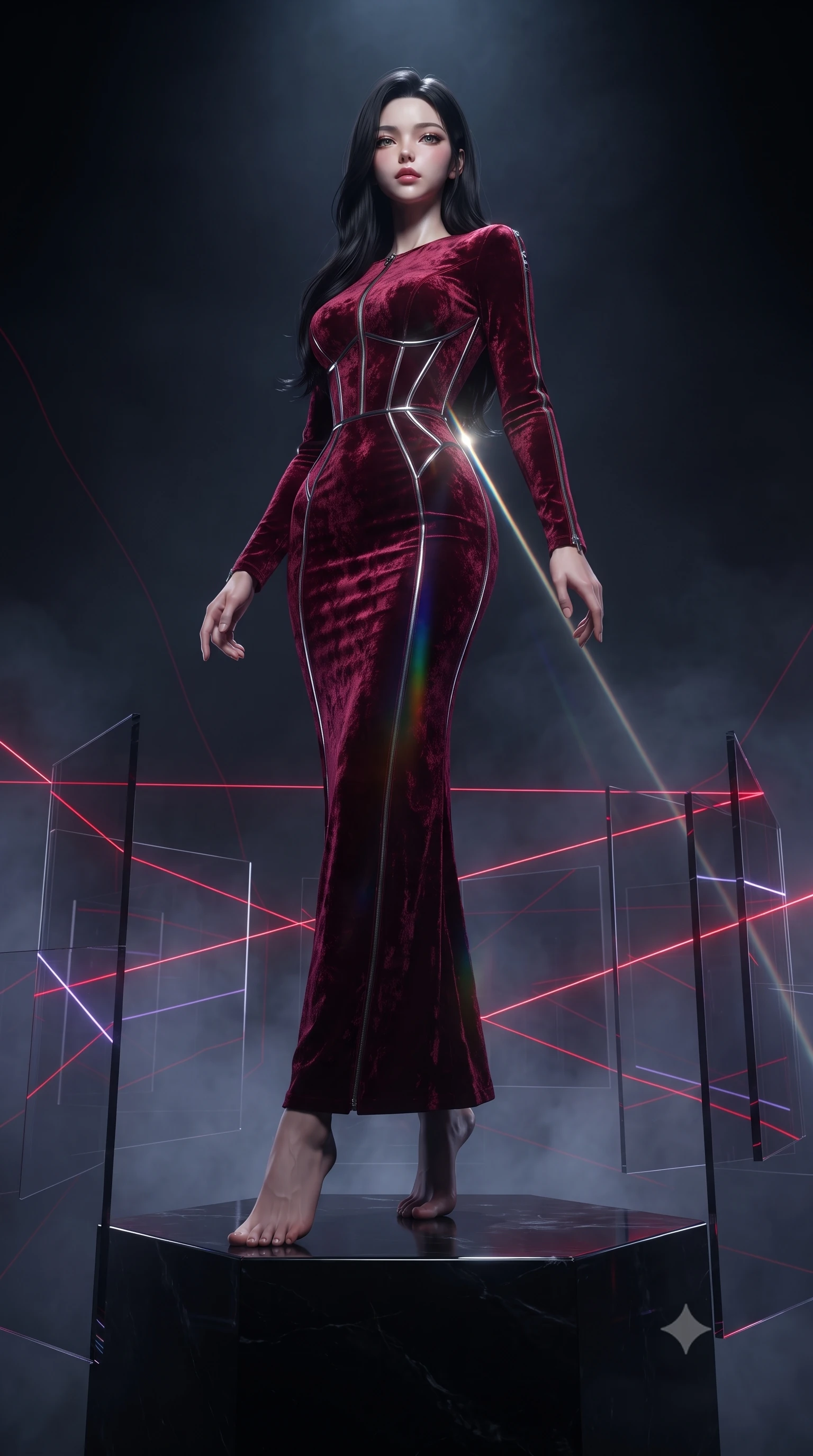 score_9, masterpiece, best quality, ultra-detailed, high-budget anime keyframe, editorial fashion photography, tasteful artistic composition, Korean woman. low angle full-body shot from head to toe showing her feet, filling the entire 9:16 vertical frame with her statuesque presence, stretching her vertical silhouette. forging confidently through the dark atmospheric mist, holding a poised statuesque stance, poised on a dark obsidian pedestal surrounded by rotating geometric glass panels, razor-sharp crimson and violet laser lines refracting through glass edges. She has an absolutely perfect, statuesque 8.5-heads proportion, an exceptionally tall and slender model-like female figure with impossibly long slender legs and an ultra-slim waist. sharp v-shaped jawline, high-bridge nose, intricate jewel-like eyes with depth, thick eyelashes, glossy lips with a natural sheen. wearing fitted liquid mercury jersey maxi dress hugging every curve in deep crimson burgundy, made of crushed dark silk velvet, finished with metallic silver boning and sleek zipper points, highlighting her statuesque proportions and ultra-slim waistline. lit by a single piercing key ray refracting into multi-color dark spectrums. ultra-reflective glossy finish, specular highlights, metallic sheen, high-contrast stereoscopic depth, volumetric dynamic lighting, 2k, ultra detail, master piece, 9:16 ratio