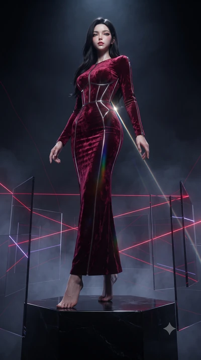 score_9, masterpiece, best quality, ultra-detailed, high-budget anime keyframe, editorial fashion photography, tasteful artistic composition, Korean woman. low angle full-body shot from head to toe showing her feet, filling the entire 9:16 vertical f