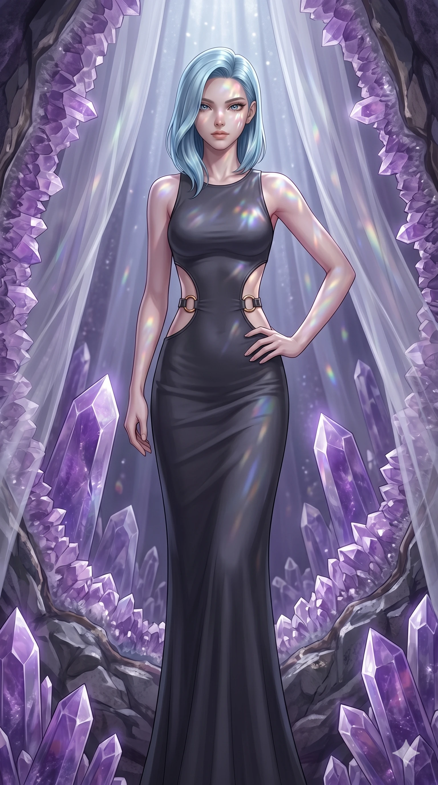 score_9, masterpiece, best quality, ultra-detailed, high-budget anime keyframe, editorial fashion photography, tasteful artistic composition, Caucasian woman, strictly human ears. cowboy shot from the thighs up, character and outfit filling the frame for maximum editorial presence. Holding a confident power pose with one hand on her hip inside a crystalline geode cavern lined with towering amethyst spires casting violet prismatic light. She has an absolutely perfect 8-heads proportion, an exceptionally tall and slender female figure with impossibly long slender legs and an ultra-slim waist. V-shaped jawline, high-bridge nose, intricate jewel-like eyes with depth, thick eyelashes, glossy lips with a natural sheen. wearing a dark charcoal fitted floor-length gown with dramatic curved architectural cutouts at the sides of the torso framed by gold ring hardware, emphasizing the ultra-slim waist. bathed in cold silver moonlight filtered through translucent gossamer curtains casting soft shadows on her curves. 2k, ultra detail, master piece, 9:16 ratio