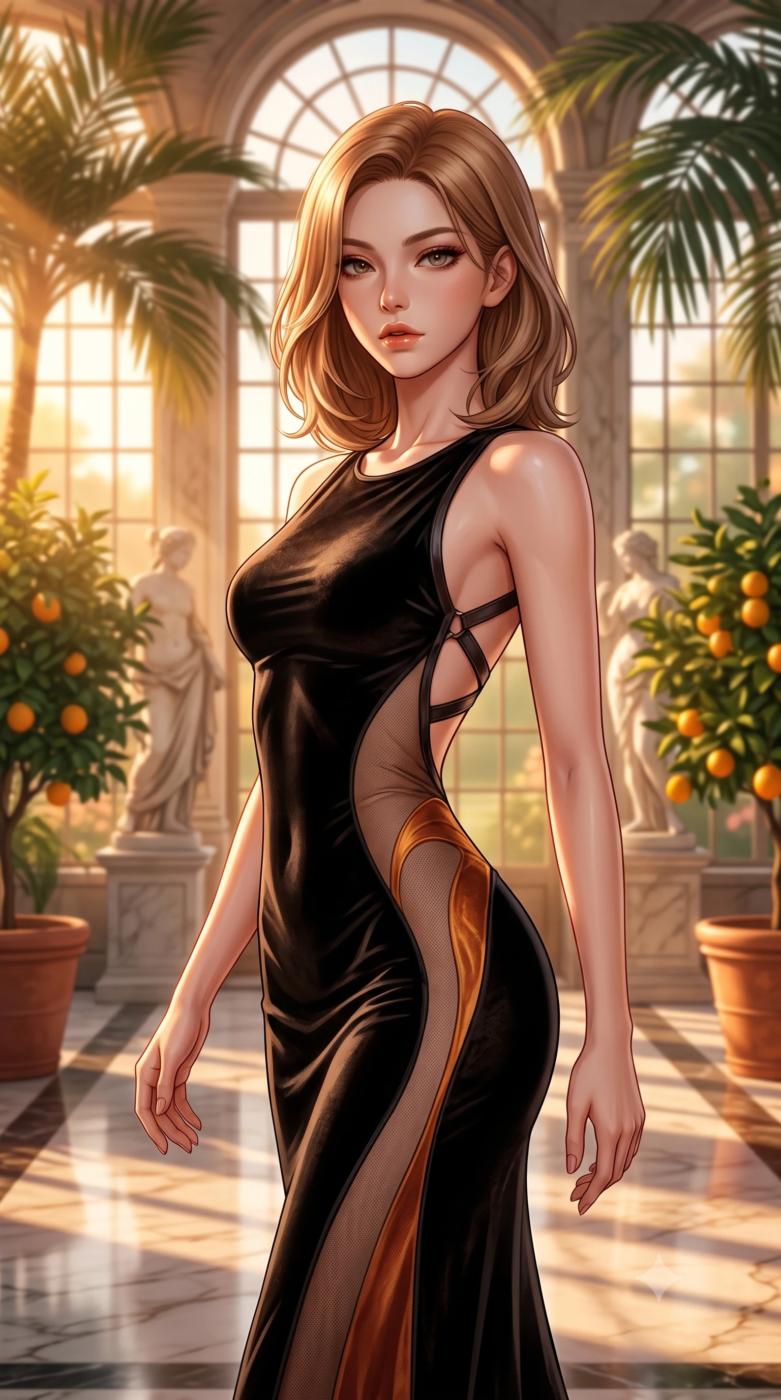 score_9, masterpiece, best quality, ultra-detailed, high-budget anime keyframe, semi-realistic 3D game render, editorial fashion photography, tasteful artistic composition, Korean woman. close-up cowboy shot from the waist and thighs up, the character dominates the composition, filling the frame with her large presence. leaning back with relaxed seductive grace, her sculpted collarbones and narrow waist highlighted as she casts smoldering bedroom-eyes directly into the camera while striding gracefully down the grand marble aisle of the monumental baroque glasshouse between giant potted citrus trees, arching her spine with imperial elegance. The composition keeps background elements in soft focus with creamy bokeh. towering exotic palm fronds, marble classical statues, and leaded glass window grids blurred into warm apricot, jade, and gold bokeh. She has an exceptionally elegant, slender, and willowy female figure with an ultra-slim waist, flat toned midriff, narrow ribcage, and sculpted feminine hips creating an alluring, slim hourglass silhouette without bulk. sharp v-shaped jawline, high-bridge nose, intricate jewel-like eyes with depth, thick eyelashes, glossy parted lips with a natural sheen, intensely captivating and seductive bedroom-eyes expression, flawlessly proportioned anatomical accuracy, strict slender model proportions, natural body alignment, perfectly sculpted long slender limbs, ultra-slim waistline, clean dynamic posture without body distortion. wearing a second-skin black silk jersey maxi dress with asymmetrical sheer mesh side panels tracing the full curve of her hip in molten desert gold and burnt terracotta, crafted from heavyweight crushed silk velvet with liquid vintage luster, featuring an open-back criss-cross harness strap in dark leather, the second-skin form-contouring cut accentuating her sculpted flat midriff, narrow delicate ribcage, and gracefully curvy hips with supermodel precision. bathed in dramatic golden hour sunset rays streaming through towering glasshouse arched windows. highly saturated vibrant anime colors, detailed shading with soft gradients, rich glossy textures, high-contrast stereoscopic depth, volumetric dynamic lighting, master piece, 9:16 ratio