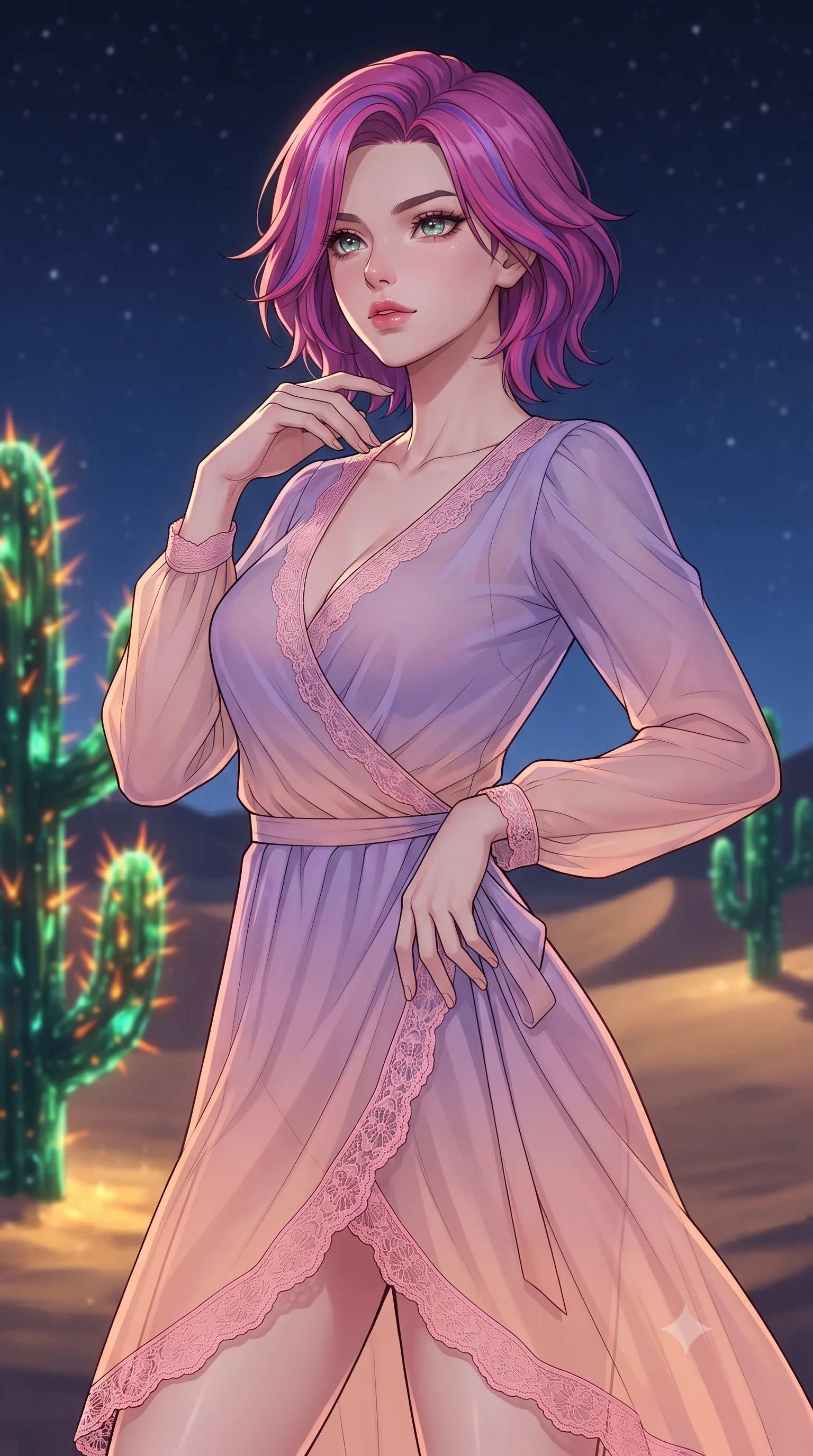 score_9, masterpiece, best quality, ultra-detailed, high-budget anime keyframe, gorgeous anime illustration, artistic 2d flat cel-shaded style, Caucasian woman, strictly human ears. close-up cowboy shot from the waist and thighs up, the character dominates the composition, filling the frame with her large presence, background elements kept in soft focus. Gazing past the camera with an air of effortless superiority. set against a soft-focus background of in a desert at night where the cacti are made of green obsidian glass, their needles glowing with orange bio-electricity, sand dunes glowing under a starry sky. She has an exceptionally elegant and slender, willowy female figure with an ultra-slim waist, a gracefully sculpted slender torso, and a refined slim physique. sharp v-shaped jawline, high-bridge nose, intricate jewel-like eyes with depth, thick eyelashes, glossy lips with a natural sheen. wearing a translucent chiffon wrap dress in a lavender-to-peach gradient, detailed with pink lace. soft glowing ambient light with sharp side key light tracing the sleek contours of her figure. 2k, ultra detail, master piece, 9:16 ratio, vibrant anime color palette, flat color shading, 2d animation style