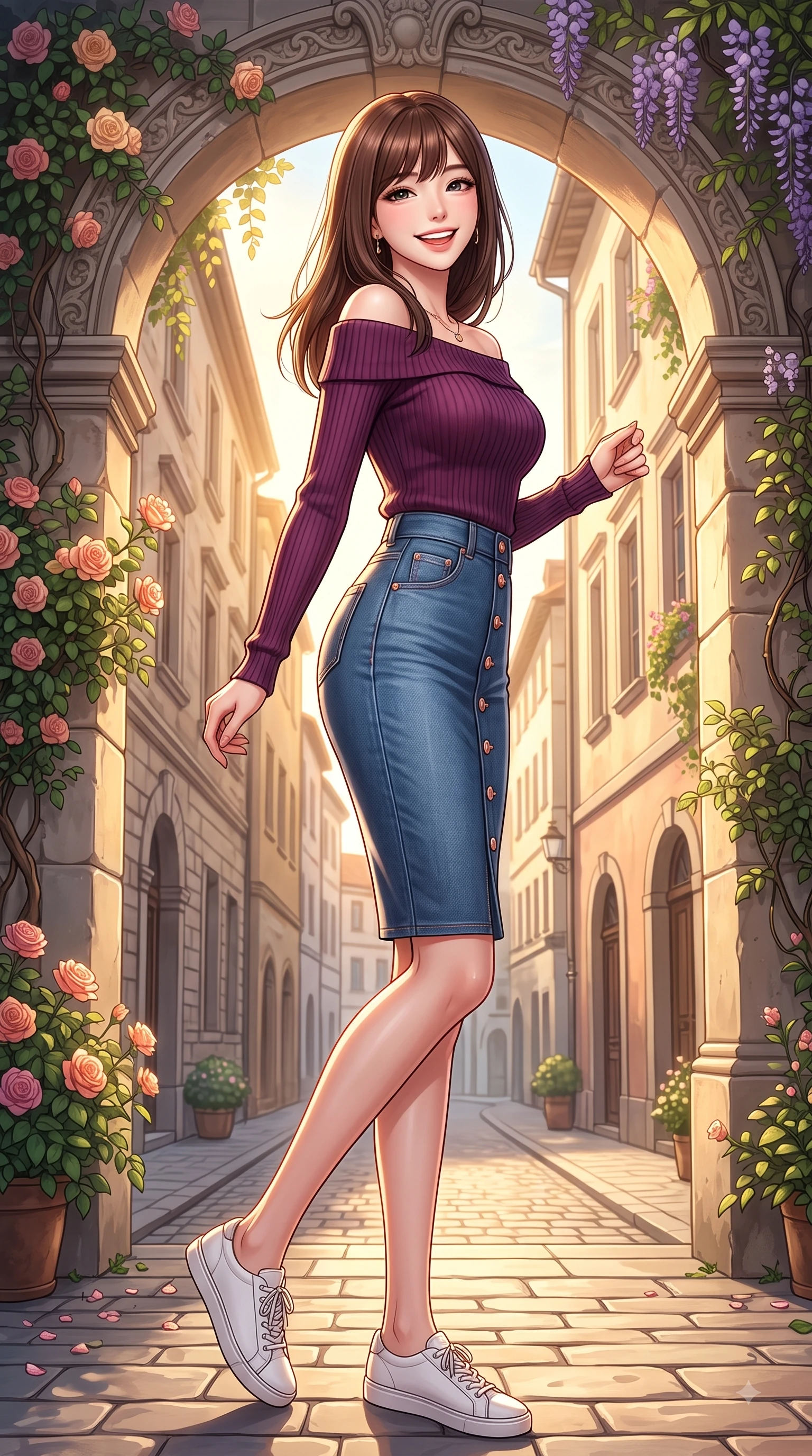 score_9, masterpiece, best quality, ultra-detailed, high-budget anime keyframe, editorial fashion photography, tasteful artistic composition, Korean woman. low angle full-body shot from head to toe showing her feet, filling the entire 9:16 vertical frame with her statuesque presence, stretching her vertical silhouette. performing a cheerful mid-motion turn with flawless poise, her radiant smile capturing fresh girlhood energy while resting near a flower-draped stone archway with a radiant beaming smile. The surrounding environment is rendered in vivid detail and crisp panoramic clarity. rich golden sunlight streaming between European buildings rendered with environmental precision. She has an absolutely perfect, statuesque 8.5-heads proportion, an exceptionally tall and slender model-like female figure with impossibly long slender legs and an ultra-slim waist. sharp v-shaped jawline, high-bridge nose, intricate jewel-like eyes with depth, thick eyelashes, glossy lips with a natural sheen, flawlessly proportioned anatomical accuracy, natural body alignment, perfectly sculpted elegant limbs, clean dynamic posture without body distortion. wearing a sleek off-shoulder ribbed sweater paired with a high-waisted fitted denim pencil skirt in rich plum purple and rose gold, crafted from lightweight fluid chiffon, adorned with delicate gold buttons along the front, the form-contouring material highlighting her ultra-slim waist and long lines. bathed in bright sunny morning light and warm golden sunbursts. highly saturated vibrant anime colors, detailed shading with soft gradients, rich glossy textures, high-contrast stereoscopic depth, volumetric dynamic lighting, master piece, 9:16 ratio