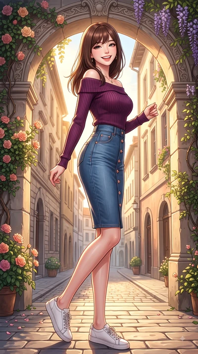 score_9, masterpiece, best quality, ultra-detailed, high-budget anime keyframe, editorial fashion photography, tasteful artistic composition, Korean woman. low angle full-body shot from head to toe showing her feet, filling the entire 9:16 vertical f