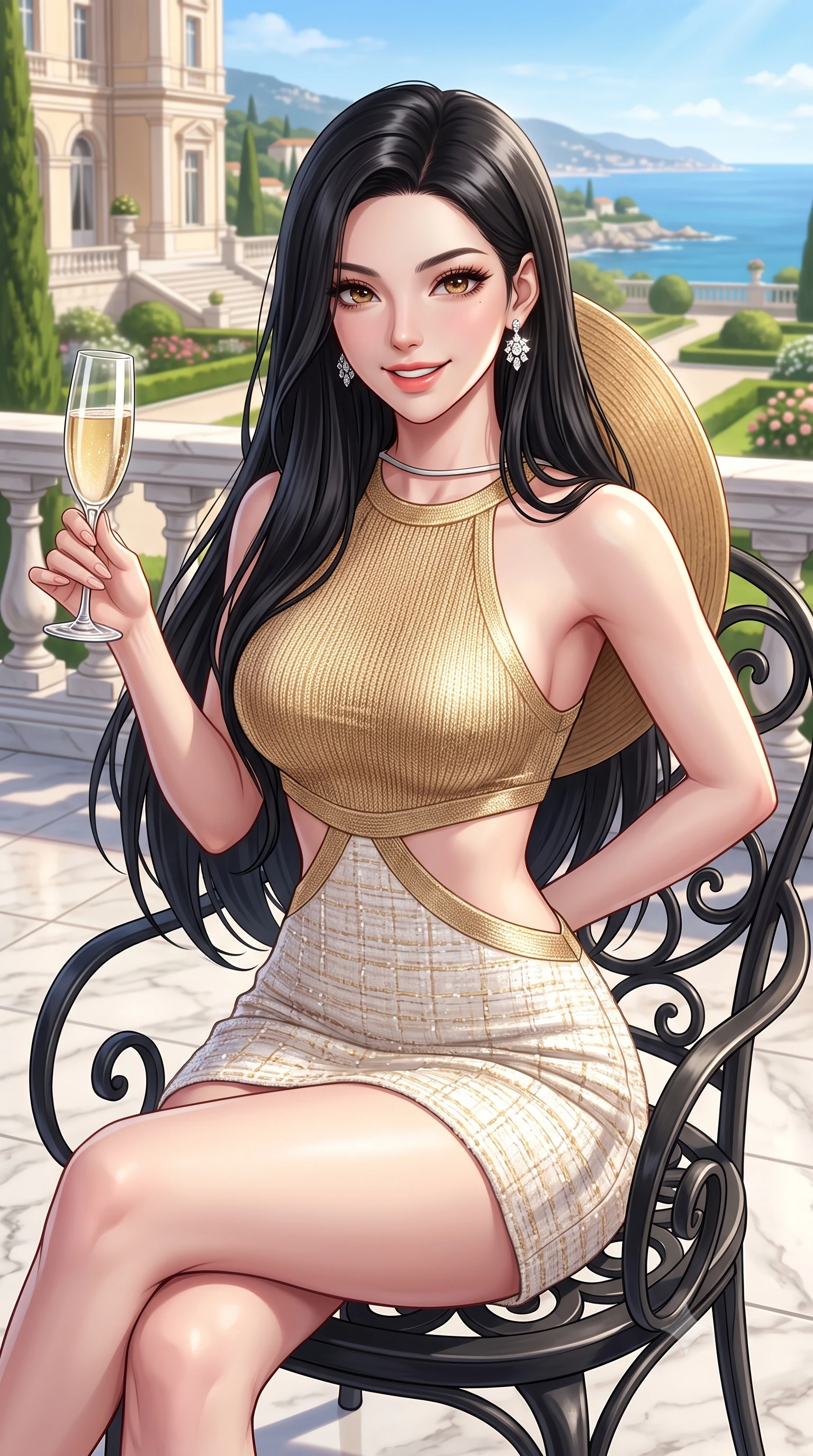 score_9, masterpiece, best quality, ultra-detailed, high-budget anime keyframe, semi-realistic 3D game render, editorial fashion photography, tasteful artistic composition, Korean woman. close-up cowboy shot from the waist and thighs up, the character dominates the composition, filling the frame with her large presence. resting both hands lightly behind her back while leaning toward the lens with a cheerful, teasing grin, her form-fitting outfit hugging her narrow waist and feminine hip curve while sitting gracefully in an ornate wrought-iron garden armchair with legs crossed, holding a champagne flute with effortless French Riviera poise. The surrounding environment is rendered in vivid detail and crisp panoramic clarity. detailed haute-couture resort gown sheen, diamond earrings sparkle, and palace architecture in high resolution. She has an exceptionally elegant, slender, and willowy female figure with an ultra-slim waist, flat toned midriff, narrow ribcage, and sculpted feminine hips creating an alluring, slim hourglass silhouette without bulk. sharp v-shaped jawline, high-bridge nose, sparkling amber-hazel eyes with depth, long lush eyelashes, glossy sun-kissed lips with a warm coral glaze, radiant teasing smile with sensual sunlit bedroom-eyes, exuding effortless old-money elegance and intoxicating sun-drenched allure, flawlessly proportioned anatomical accuracy, strict slender model proportions, natural body alignment, perfectly sculpted long slender limbs, ultra-slim waistline, clean dynamic posture without body distortion. wearing a cut-out golden metallic knit mini dress with open-waist architecture emphasizing her hourglass curves in warm honey bronze and pearlescent ivory, tailored from soft pastel resort tweed with subtle gold thread shimmer, complemented by a wide-brim straw sunhat held casually behind her back, the form-contouring cut accentuating her sculpted flat midriff, narrow delicate ribcage, and gracefully curvy hips with sun-drenched supermodel elegance. illuminated by grand marble terrace bounce and sharp platinum rim lights sculpting her razor-sharp jawline, narrow waist, and curvy hips. highly saturated vibrant anime colors, detailed shading with soft gradients, rich glossy textures, high-contrast stereoscopic depth, volumetric dynamic lighting, master piece, 9:16 ratio