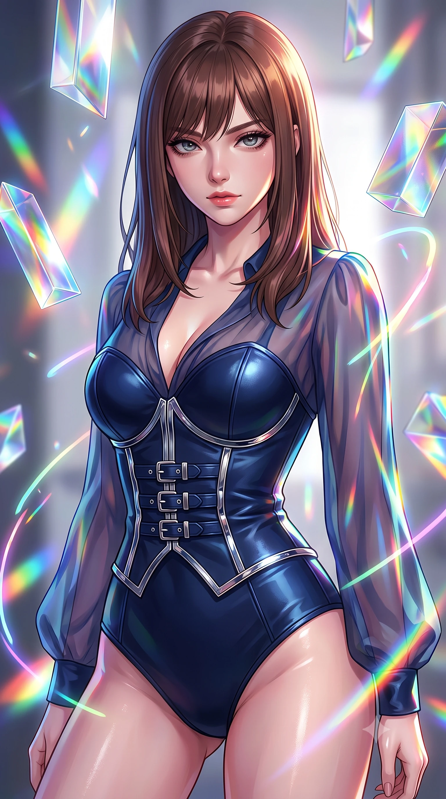 score_9, masterpiece, best quality, ultra-detailed, high-budget anime keyframe, editorial fashion photography, tasteful artistic composition, Korean woman. close-up cowboy shot from the waist and thighs up, the character dominates the composition, filling the frame with her large presence, background elements kept in soft focus. Leaning slightly forward with a composed, seductive gaze under soft glowing light interacting with floating glass prisms that refract liquid light into rainbows, glowing neon brushstrokes floating poetically around her silhouette. She has an exceptionally elegant, slender, and willowy female figure with an ultra-slim waist, a gracefully sculpted slender torso, and a refined silhouette. sharp v-shaped jawline, high-bridge nose, intricate jewel-like eyes with depth, thick eyelashes, glossy lips with a natural sheen. wearing a tailored leather bustier over a sheer silk chiffon blouse in midnight navy blue and chrome trim, crafted from smooth liquid silk, detailed with polished silver buckles along the waistline, the glove-like fit emphasizing her statuesque silhouette. drenched in bright white key light with colorful prismatic rim lighting. highly saturated vibrant anime colors, detailed shading with soft gradients, rich glossy textures, high-contrast stereoscopic depth, volumetric dynamic lighting, master piece, 9:16 ratio