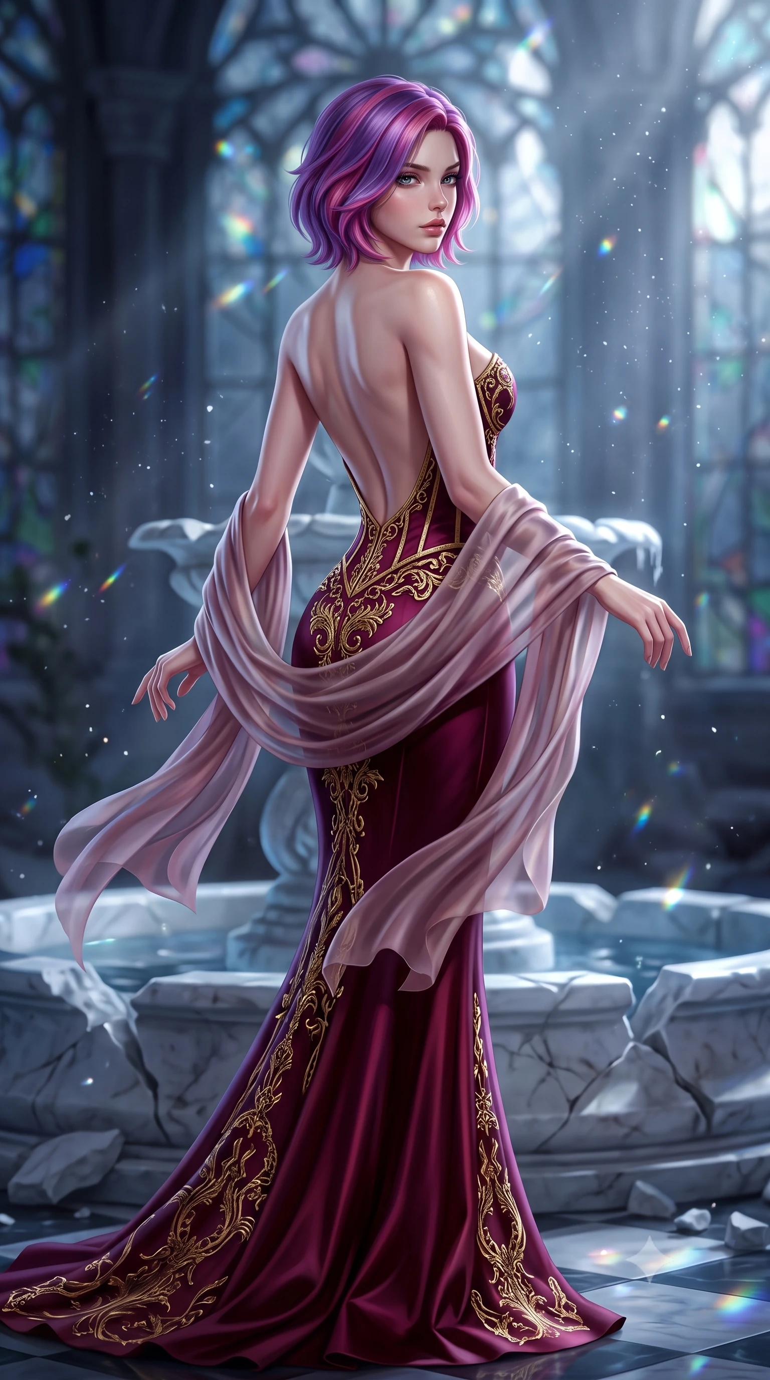 score_9, masterpiece, best quality, ultra-detailed, high-budget anime keyframe, semi-realistic 3D game render, editorial fashion photography, tasteful artistic composition, Caucasian woman. low angle full-body shot from head to toe showing her feet, filling the entire 9:16 vertical frame with her statuesque presence, stretching her vertical silhouette. executing an elegant mid-motion turn as garments swirl around her slender limbs, glancing over her shoulder with smoldering allure while arching her spine in a fluid, serpentine curve against a shattered marble fountain as silver moonlight filters through stained glass. The composition keeps background elements in soft focus with creamy bokeh. shimmering lunar prism refractions and floating dust motes scattering velvet light across the glasshouse. She has an absolutely perfect, statuesque 8.5-heads proportion, an exceptionally tall and slender model-like female figure with impossibly long slender legs, a toned flat midriff, and an ultra-slim waist. sharp v-shaped jawline, high-bridge nose, intricate jewel-like eyes with depth, thick eyelashes, glossy parted lips with a natural sheen, intensely captivating and seductive expression, flawlessly proportioned anatomical accuracy, strict slender model proportions, natural body alignment, perfectly sculpted long slender limbs, ultra-slim waistline, clean dynamic posture without body distortion. wearing a baroque gold-embroidered bustier gown with exposed clavicle and structured hip boning in deep royal wine burgundy and liquid gold, tailored from ultra-smooth duchess satin with a pearlescent sheen, finished with a gossamer silk shawl draped loosely over her elbows, the dramatically scooped open back descending to the base of her spine, accentuating her razor-sharp statuesque lines and slim hourglass silhouette. illuminated by dramatic chiaroscuro key light sharply carving her slender waist, bare collarbones, and jawline. highly saturated vibrant anime colors, detailed shading with soft gradients, rich glossy textures, high-contrast stereoscopic depth, volumetric dynamic lighting, master piece, 9:16 ratio