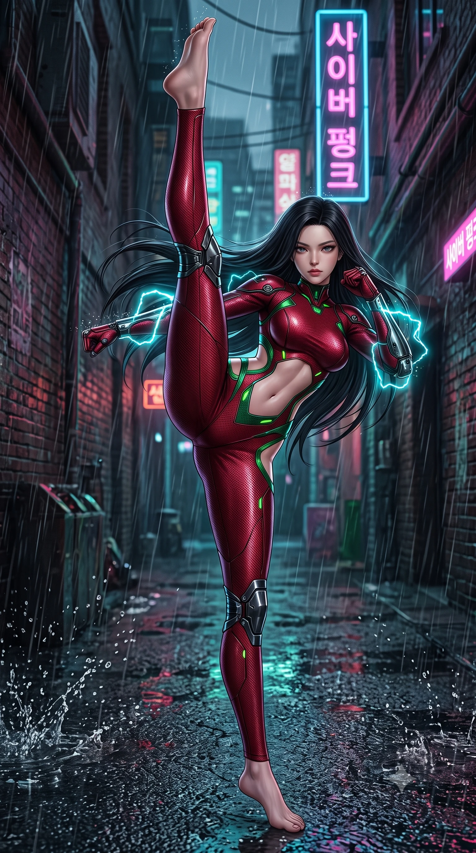 score_9, masterpiece, best quality, ultra-detailed, high-budget anime keyframe, semi-realistic 3D game render, editorial fashion photography, tasteful artistic composition, Korean woman. low angle full-body shot from head to toe showing her feet, filling the entire 9:16 vertical frame with her statuesque presence, stretching her vertical silhouette. executing a breathtaking zero-gravity high-kick with full 180-degree vertical extension, her impossibly long slender legs dominating the frame with razor-sharp poise while assuming a defensive Panzer Kunst combat stance in a narrow rain-soaked cyberpunk alley as cyan electromagnetic arcs crackle on her elbows. The surrounding environment is rendered in vivid detail and crisp panoramic clarity. sharp splashing raindrop beads, wet asphalt reflections, and textured brick wall grain in deep focus. She has an absolutely perfect, statuesque 8.5-heads proportion, an exceptionally tall and slender model-like female figure with impossibly long slender legs, a toned flat midriff, and an ultra-slim waist. sharp v-shaped jawline, high-bridge nose, intricate jewel-like eyes with depth, thick eyelashes, glossy lips with a natural sheen, flawlessly proportioned anatomical accuracy, strict slender model proportions, natural body alignment, perfectly sculpted long slender limbs, ultra-slim waistline, clean dynamic posture without body distortion. wearing a skin-tight crimson carbon-weave battle-suit with metallic dark chrome elbow dampers and hip-accentuating cutouts in emerald green carbon composite with glowing lime laser channels, made of liquid carbon-jersey fabric adhering flawlessly to her sculpted silhouette, finished with high-mobility flexible limb seams and miniature magnetic armor locks, the precision-cut daring openings accentuating her delicate midriff, graceful bare collarbones, and ultra-slim feminine waistline. surrounded by a dangerous, gritty, and intensely captivating martial femme-fatale noir aura. rich saturated anime colors with glowing neon highlights, detailed shading with soft gradients, rich glossy textures, high-contrast stereoscopic depth, volumetric dynamic lighting, master piece, 9:16 ratio