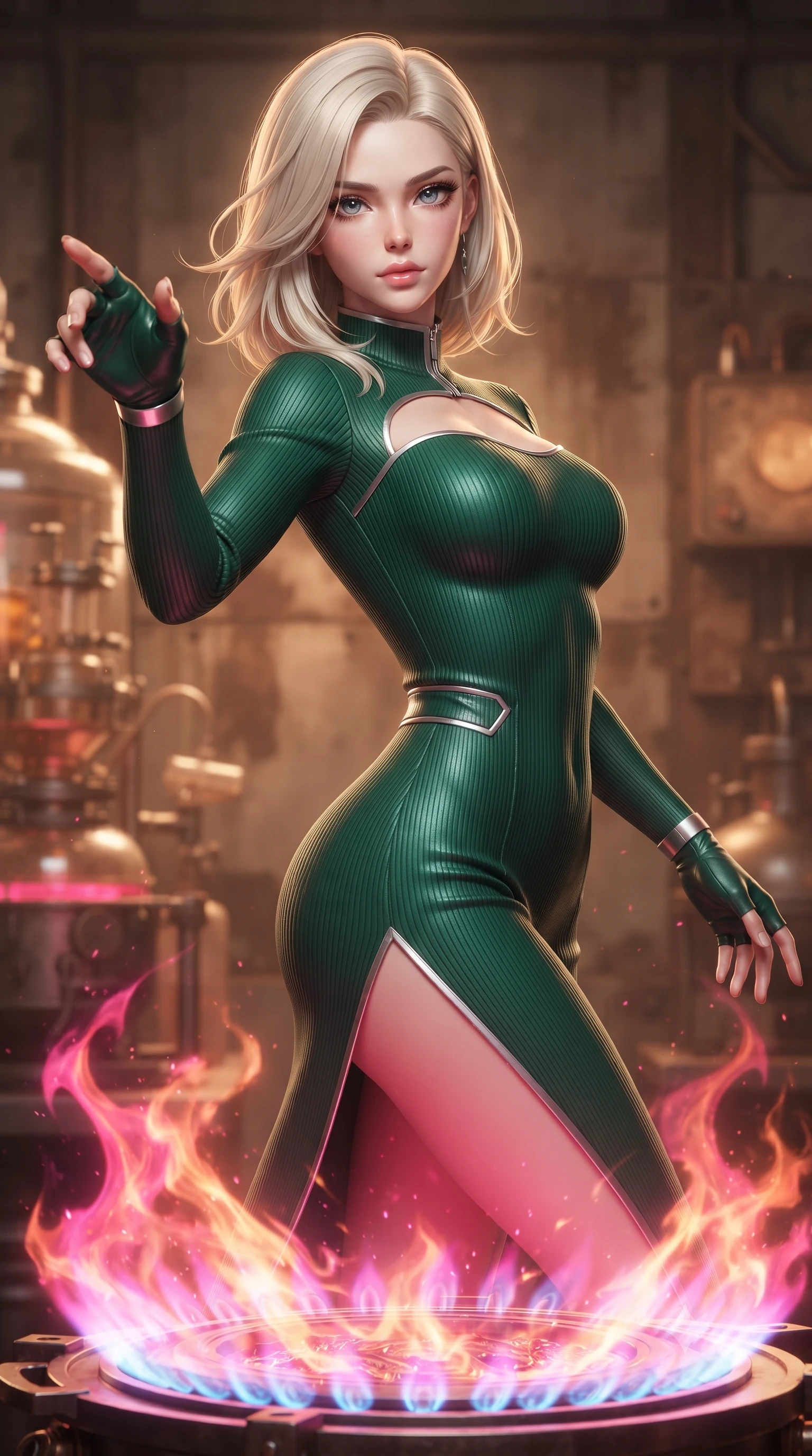 score_9, masterpiece, best quality, ultra-detailed, high-budget anime keyframe, editorial fashion photography, tasteful artistic composition, Caucasian woman. close-up cowboy shot from the waist and thighs up, the character dominates the composition, filling the frame with her large presence, background elements kept in soft focus. Reaching her hand gracefully toward the camera with magnetic allure, her torso turning in a dynamic S-curve alignment while floating gracefully above a sapphire alchemy flame with her torso tilted dynamically, boiling liquid aurora energy radiating intense hot pink and orange light from below. She has an exceptionally elegant, slender, and willowy female figure with an ultra-slim waist, a gracefully sculpted slender torso, and a refined silhouette. sharp v-shaped jawline, high-bridge nose, intricate jewel-like eyes with depth, thick eyelashes, glossy lips with a natural sheen, flawlessly proportioned anatomical accuracy, natural body alignment, perfectly sculpted elegant limbs, clean dynamic posture without body distortion. wearing a form-fitting ribbed activewear set with elegant collar cutouts in deep emerald green and silver accent, formed from sleek second-skin neoprene, finished with a sleek side slit ascending to mid-thigh, the glove-like fit emphasizing her statuesque silhouette during motion. surrounded by a warm, powerful industrial alchemy atmosphere. ultra-reflective glossy finish, specular highlights, metallic sheen, high-contrast stereoscopic depth, volumetric dynamic lighting, 2k, ultra detail, master piece, 9:16 ratio