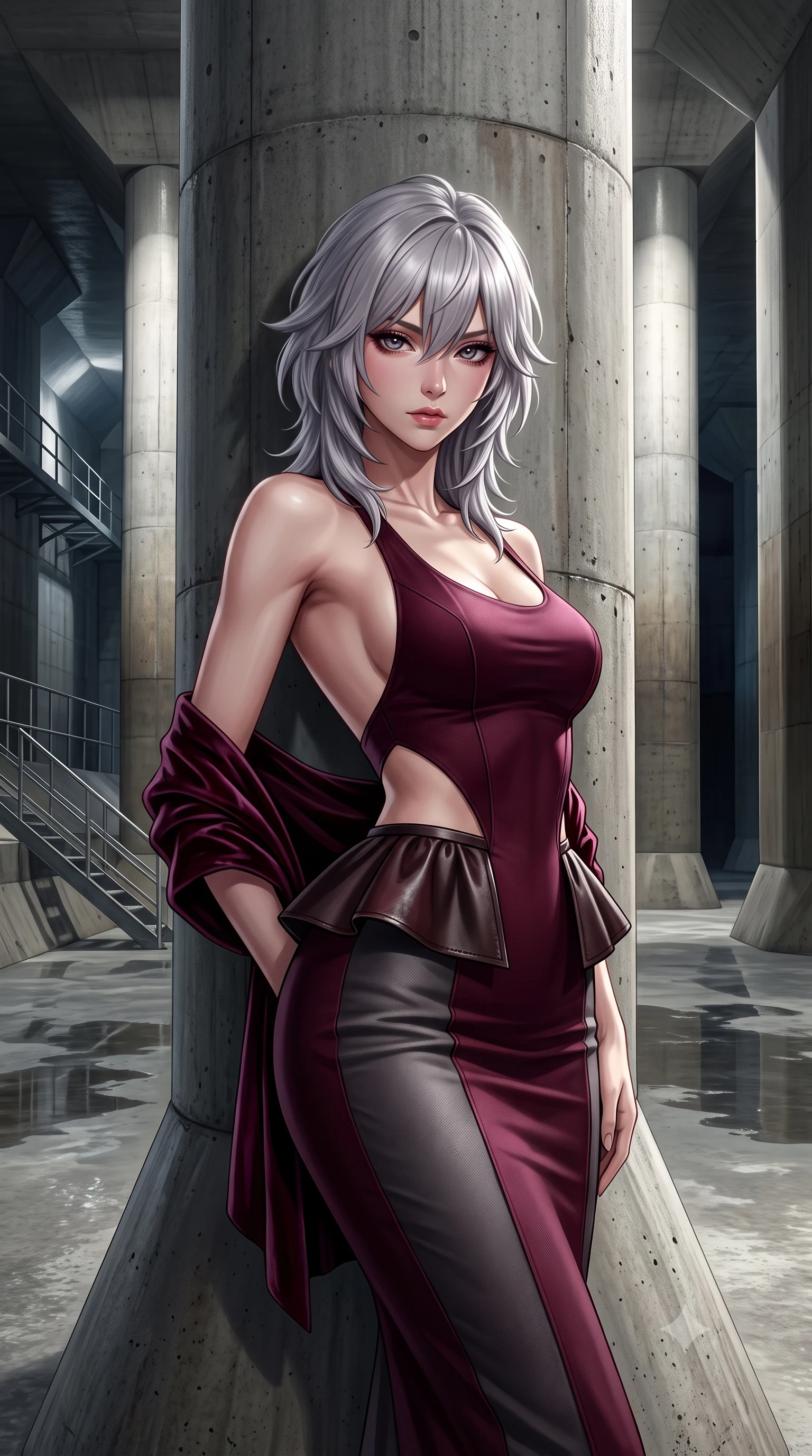 score_9, masterpiece, best quality, ultra-detailed, high-budget anime keyframe, semi-realistic 3D game render, editorial fashion photography, tasteful artistic composition, Japanese woman. close-up cowboy shot from the waist and thighs up, the character dominates the composition, filling the frame with her large presence. leaning back with relaxed seductive grace, her sculpted collarbones and narrow waist highlighted as she casts smoldering bedroom-eyes directly into the camera while leaning against a colossal concrete column with hips cocked back, casting a cool, mysterious bedroom-gaze into the echoing cavernous space. The surrounding environment is rendered in vivid detail and crisp panoramic clarity. sharp raw concrete formwork seams, water puddle surface caustics, and distant service stairway railings in deep focus. She has an exceptionally elegant, slender, and willowy female figure with an ultra-slim waist, flat toned midriff, narrow ribcage, and sculpted feminine hips creating an alluring, slim hourglass silhouette without bulk. sharp v-shaped jawline, high-bridge nose, intricate jewel-like eyes with depth, thick eyelashes, glossy parted lips with a natural sheen, intensely captivating and seductive bedroom-eyes expression, flawlessly proportioned anatomical accuracy, strict slender model proportions, natural body alignment, perfectly sculpted long slender limbs, ultra-slim waistline, clean dynamic posture without body distortion. wearing a modern peplum corset dress with side-waist diamond cutouts and an ultra-tight silhouette in deep wine burgundy and brushed dark platinum, tailored from water-resistant treated wool gabardine and flexible stretch silk, complemented by a plush velvet shawl draped loosely over her elbows, the dramatically scooped open back descending to the base of her spine, accentuating her razor-sharp statuesque lines and slim hourglass silhouette. bathed in dramatic architectural floodlights beaming down between giant pillars creating high-contrast chiaroscuro. highly saturated vibrant anime colors, detailed shading with soft gradients, rich glossy textures, high-contrast stereoscopic depth, volumetric dynamic lighting, master piece, 9:16 ratio