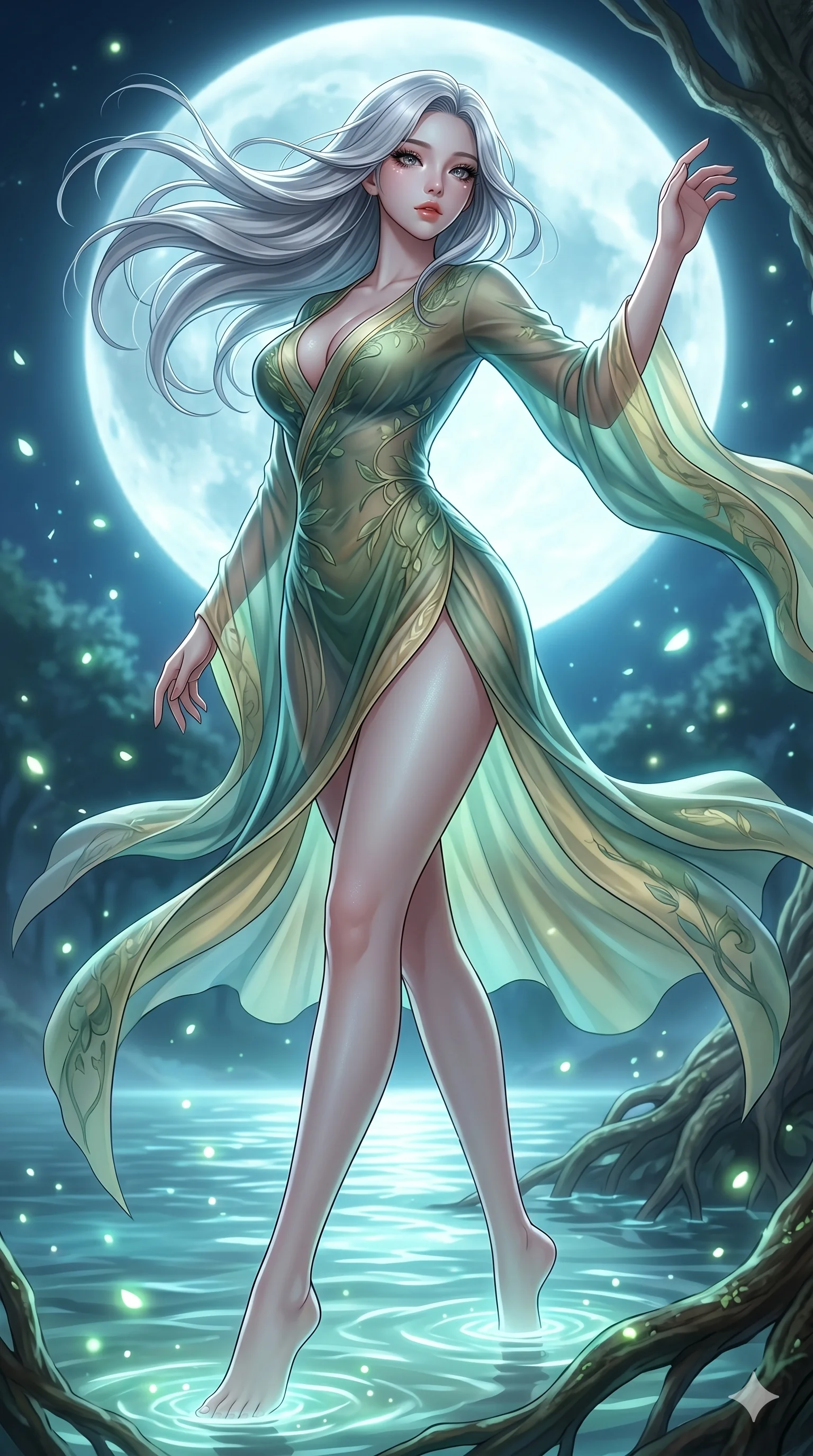 score_9, masterpiece, best quality, ultra-detailed, high-budget anime keyframe portrait, an incredibly beautiful Caucasian anime girl with pale skin anime girl. Dynamic low angle shot filling the frame. She has an absolutely perfect 8-heads proportion, an exceptionally tall female figure with long slender legs and a voluptuous body. Her face is a highly detailed masterpiece featuring a v-shaped jawline, high-bridge nose, intricate jewel-like eyes, thick eyelashes, and glossy lips. She has silver flowing hair. She is wearing a form-fitting translucent silk robe of a forest goddess, strategically clinging to her curves, highlighting her alluring silhouette. Ethereal glowing lake, cinematic moonlight, dramatic rim lighting, cinematic shadows, 2k, ultra detail, master piece, 9:16 ratio
