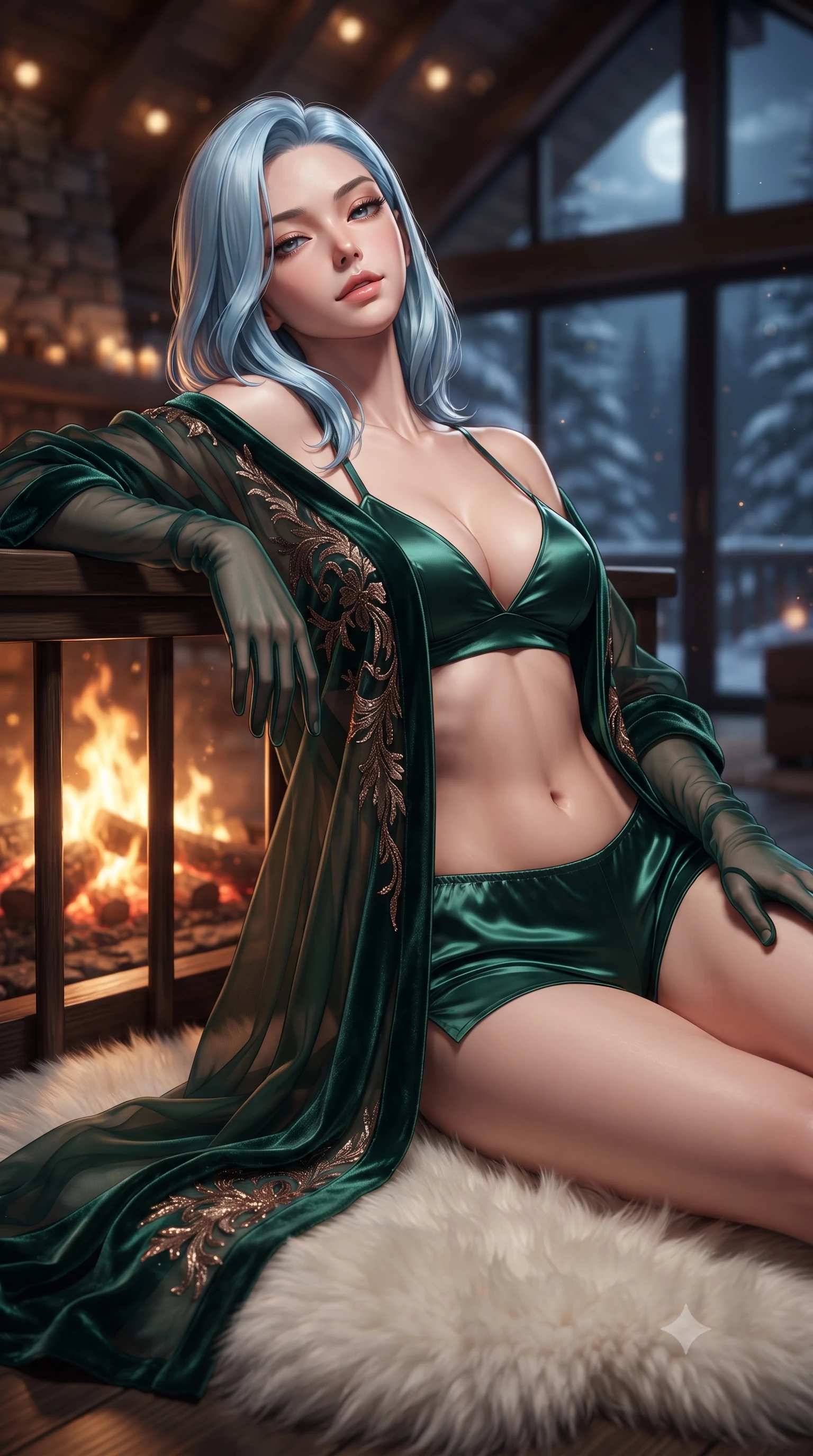 score_9, masterpiece, best quality, ultra-detailed, high-budget anime keyframe, editorial fashion photography, tasteful artistic composition, Korean woman. close-up cowboy shot from the waist and thighs up, the character dominates the composition, filling the frame with her large presence. leaning back against the balustrade with relaxed seductive grace, head tilted back slightly while casting a hypnotic, heavy-lidded gaze while twisting her slender torso in an alluring S-curve on the plush white fur rug, glowing hearth embers caressing her flat midriff and hips. The background shows a soft-focus roaring flames in the monumental stone hearth, floor-to-ceiling panoramic glass windows framing moonlit snow drifts, and timber vaulted ceiling blurred into amber, cream, and charcoal bokeh. She has an exceptionally elegant, slender, and willowy female figure with an ultra-slim waist, flat toned midriff, narrow ribcage, and sculpted feminine hips creating an alluring, slim hourglass silhouette without bulk. sharp v-shaped jawline, high-bridge nose, intricate jewel-like sparkling eyes with depth, thick eyelashes, glossy parted lips with a natural peach sheen, bright cheerful beaming smile with an enchanting and coquettish sensual glint, exuding both youthful cute charm and seductive allure, flawlessly proportioned anatomical accuracy, strict slender model proportions, natural body alignment, perfectly sculpted long slender limbs, ultra-slim waistline, clean dynamic posture without body distortion. wearing a sheer silk organza modern caftan robe worn loose and slipping off bare shoulders over a matching satin bralette and micro-shorts in deep emerald velvet and shimmering bronze, made of sheer gossamer chiffon that drapes softly against skin with airy translucence, complemented by sheer opera-length evening gloves tracing her slender arms, the liquid-tight tailored fabric clinging flawlessly to her narrow waist and rounded feminine hips, emphasizing every millimeter of her sculpted slim hourglass curves without any bulky heaviness. illuminated by timber ceiling bounce and sharp copper-gold rim lights defining her razor-sharp jawline, narrow waist, and curvy hips. ultra-reflective glossy finish, specular highlights, rich textural contrasts, high-contrast stereoscopic depth, volumetric dynamic lighting, 2k, ultra detail, master piece, 9:16 ratio