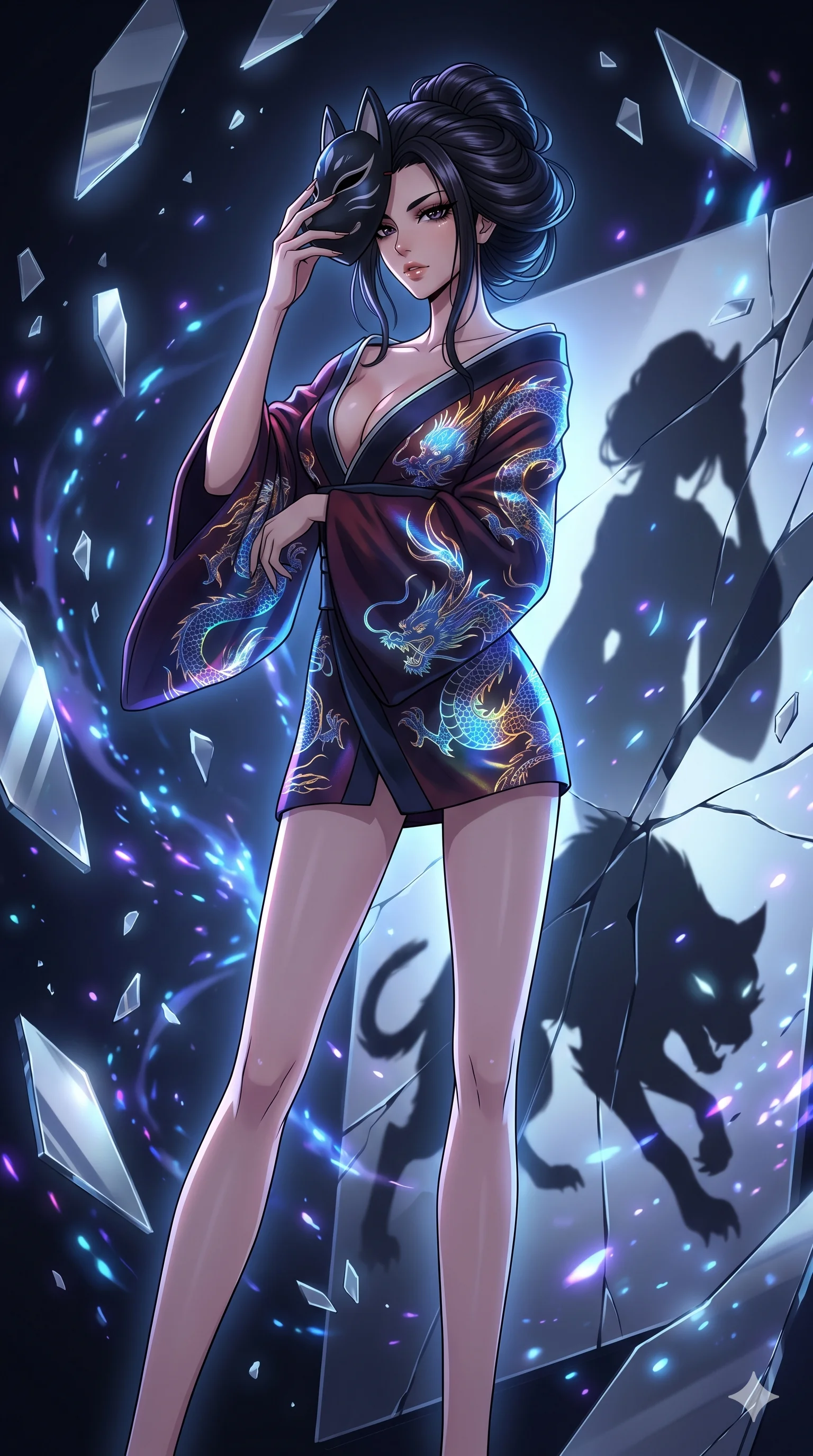 score_9, masterpiece, best quality, ultra-detailed, Set A: High-budget Anime Keyframe, Japanese woman. Low angle cowboy shot filling the entire 9:16 frame with her statuesque presence. Adjusting a mask through a dimension of floating mirrors, while her shadow mimics the movements of a predator 285 and surrounded by glowing energy sparks. She has an absolutely perfect 8-heads proportion, an exceptionally tall and slender female figure with impossibly long slender legs and an ultra-slim waist. Sharp v-shaped jawline, high-bridge nose, intricate jewel-like eyes with depth, thick eyelashes, glossy lips with a natural sheen. Wearing Traditional fusion robe with a deep V-cut and holographic dragon embroidery. Cinematic lighting, vibrant colors, dramatic shadows, 2k, ultra detail, master piece, 9:16 ratio