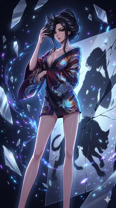 score_9, masterpiece, best quality, ultra-detailed, Set A: High-budget Anime Keyframe, Japanese woman. Low angle cowboy shot filling the entire 9:16 frame with her statuesque presence. Adjusting a mask through a dimension of floating mirrors, while h