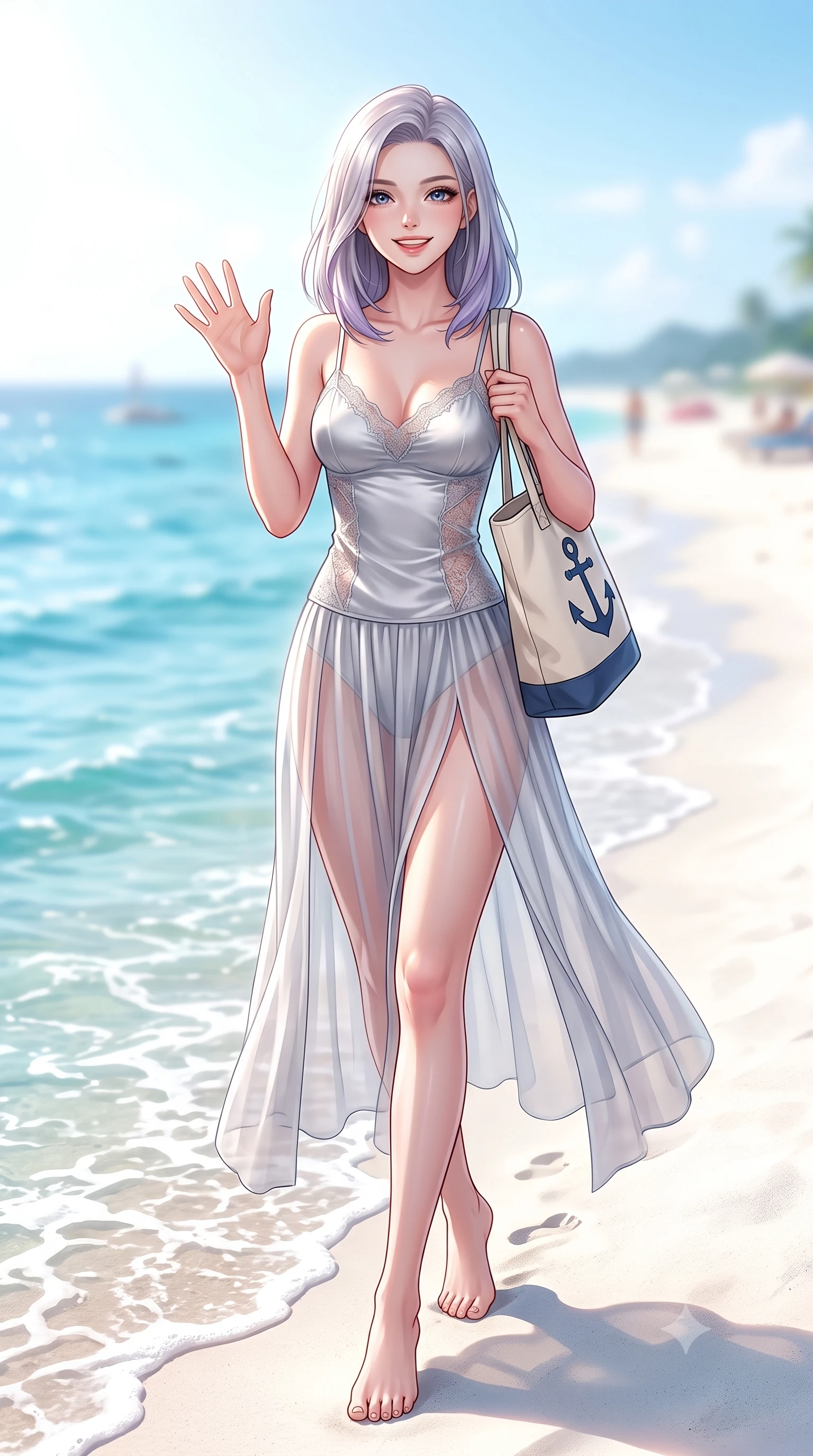 score_9, masterpiece, best quality, ultra-detailed, high-budget anime keyframe, editorial fashion photography, tasteful artistic composition, Caucasian woman. low angle full-body shot from head to toe showing her feet, filling the entire 9:16 vertical frame with her statuesque presence, stretching her vertical silhouette. stepping forward with a bright, cheerful smile, waving happily at the viewer set against a soft-focus background of on a sunny sandy beach with small waves washing over her feet holding a cute canvas tote bag with a nautical anchor print. She has an absolutely perfect, statuesque 8.5-heads proportion, an exceptionally tall and slender model-like female figure with impossibly long slender legs and an ultra-slim waist. sharp v-shaped jawline, high-bridge nose, intricate jewel-like eyes with depth, thick eyelashes, glossy lips with a natural sheen. wearing body-hugging delicate silk camisole with lace panels, worn with a semi-opaque sheer maxi skirt. bright midday sun highlighting the white sand in a high-key clean glow. highly saturated vibrant anime colors, detailed shading with soft gradients, rich glossy textures, high-contrast stereoscopic depth, volumetric dynamic lighting, master piece, 9:16 ratio