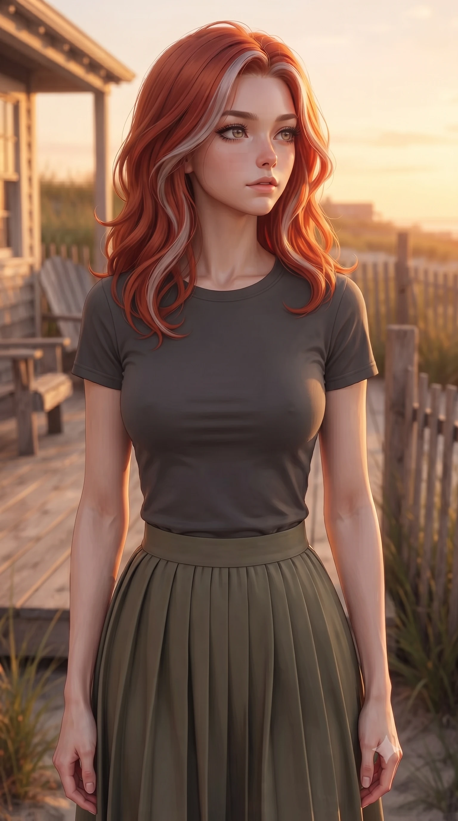 score_9, masterpiece, best quality, ultra-detailed, high-budget anime keyframe, editorial fashion photography, tasteful artistic composition, Caucasian woman woman. close-up cowboy shot from the waist and thighs up, the character dominates the composition, filling the frame with her large presence, background elements kept in soft focus. looking past the camera with a peaceful, thoughtful gaze, enjoying the warm sunlight the background shows a soft-focus a cozy wooden deck of a beachside cottage, surrounded by beachgrass and wooden fences. She has an exceptionally elegant, slender, and willowy female figure with an ultra-slim waist, a gracefully sculpted slender torso, and a refined silhouette. sharp v-shaped jawline, high-bridge nose, intricate jewel-like eyes with depth, thick eyelashes, glossy lips with a natural sheen. wearing a form-contouring simple dark grey cotton tee tucked into a pleated olive midi skirt. warm sunset light casting a peaceful, cozy orange wash. ultra-reflective glossy finish, specular highlights, metallic sheen, high-contrast stereoscopic depth, volumetric dynamic lighting, 2k, ultra detail, master piece, 9:16 ratio