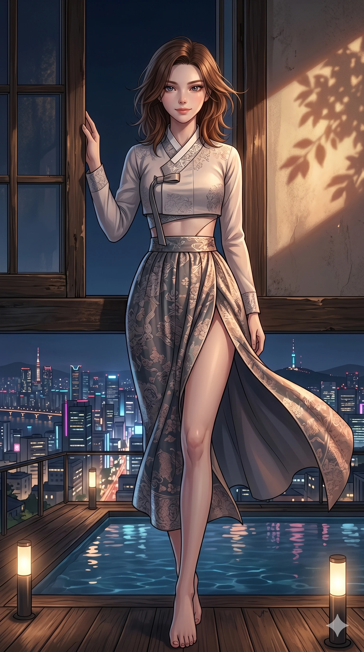 score_9, masterpiece, best quality, ultra-detailed, high-budget anime keyframe, editorial fashion photography, tasteful artistic composition, Korean woman. cowboy shot from the thighs up, character and outfit filling the frame for maximum editorial presence. leaning against the wooden window frame, looking at the viewer with a soft smile on a private rooftop pool deck overlooking a glowing neon city at night (Code-P18-124). She has an absolutely perfect 8-heads proportion, an exceptionally tall and slender female figure with impossibly long slender legs and an ultra-slim waist. V-shaped jawline, high-bridge nose, intricate jewel-like eyes with depth, thick eyelashes, glossy lips with a natural sheen. wearing a fusion hanbok with exposed waist and high-slit. drenched in brilliant morning sunshine, casting long warm highlights and leaf patterns. 2k, ultra detail, master piece, 9:16 ratio