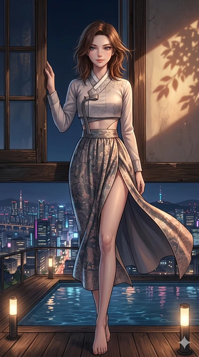 score_9, masterpiece, best quality, ultra-detailed, high-budget anime keyframe, editorial fashion photography, tasteful artistic composition, Korean woman. cowboy shot from the thighs up, character and outfit filling the frame for maximum editorial p