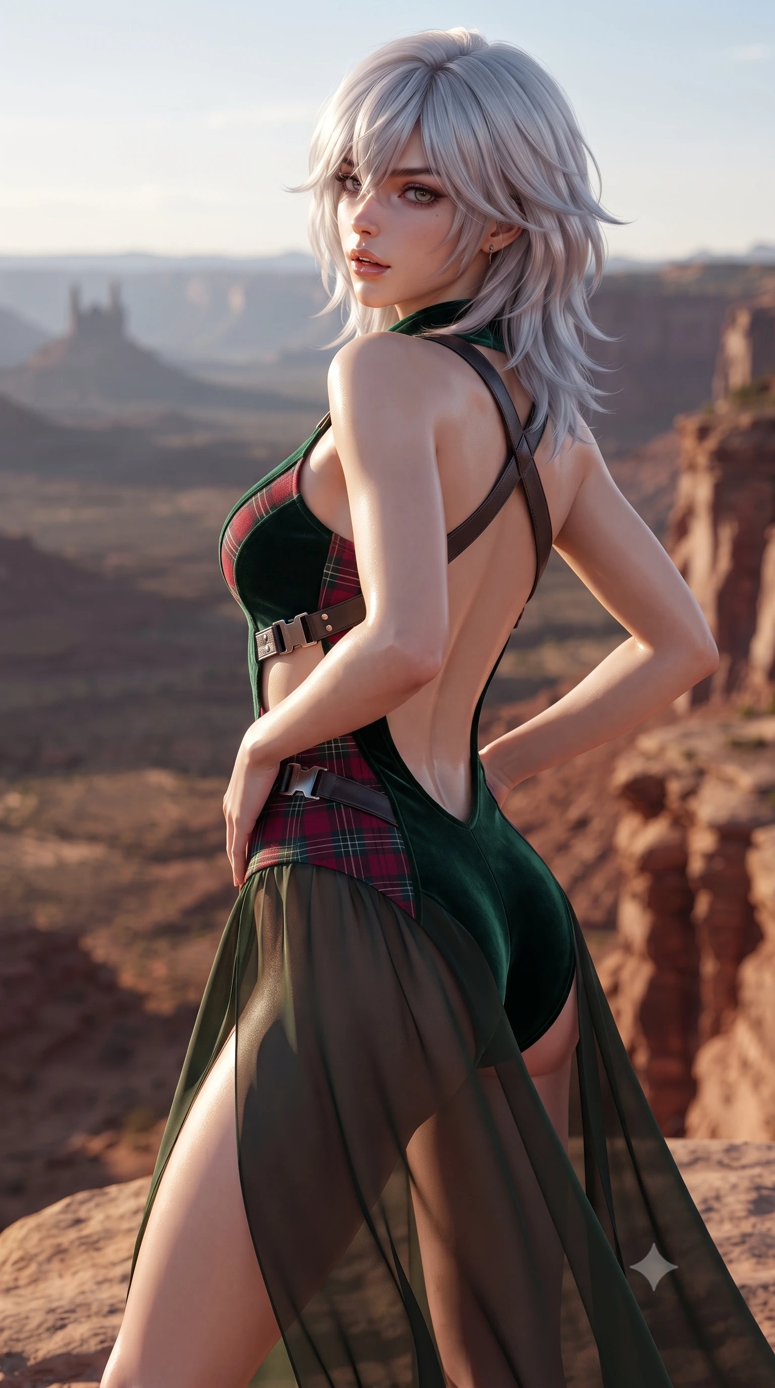 score_9, masterpiece, best quality, ultra-detailed, high-budget anime keyframe, editorial fashion photography, tasteful artistic composition, Japanese woman. close-up cowboy shot from the waist and thighs up, the character dominates the composition, filling the frame with her large presence. posing in an alluring rear three-quarter angle, arching her lower back in a pronounced S-curve with one hand on her hip, glancing seductively over her bare shoulder with parted glossy lips while standing poised on the canyon overlook rock ledge, the desert sunset wind fluttering her sheer wrap to reveal her long legs and narrow waist. The surrounding environment is rendered in vivid detail and crisp panoramic clarity. rich high-contrast desert vortex chiaroscuro and ultra-luxury Southwestern sanctuary aesthetics in precision. She has an exceptionally elegant, slender, and willowy female figure with an ultra-slim waist, flat toned midriff, narrow ribcage, and sculpted feminine hips creating an alluring, slim hourglass silhouette without bulk. sharp v-shaped jawline, high-bridge nose, intricate jewel-like eyes with depth, thick eyelashes, glossy parted lips with a natural sheen, intensely captivating and seductive bedroom-eyes expression, flawlessly proportioned anatomical accuracy, strict slender model proportions, natural body alignment, perfectly sculpted long slender limbs, ultra-slim waistline, clean dynamic posture without body distortion. wearing a high-collar speedsuit featuring bold side-torso cutouts and quick-release titanium buckles in deep emerald green velvet and royal tartan crimson, made of fluid silk crepe with delicate inner corsetry boning, featuring an open-back criss-cross harness strap in dark leather, the dramatically scooped open back descending to the base of her spine, accentuating her razor-sharp statuesque lines and slim hourglass silhouette. illuminated by wet specular pool highlights accentuating her slender neckline, sculpted waist, and rounded hips. ultra-reflective glossy finish, specular highlights, rich textural contrasts, high-contrast stereoscopic depth, volumetric dynamic lighting, 2k, ultra detail, master piece, 9:16 ratio