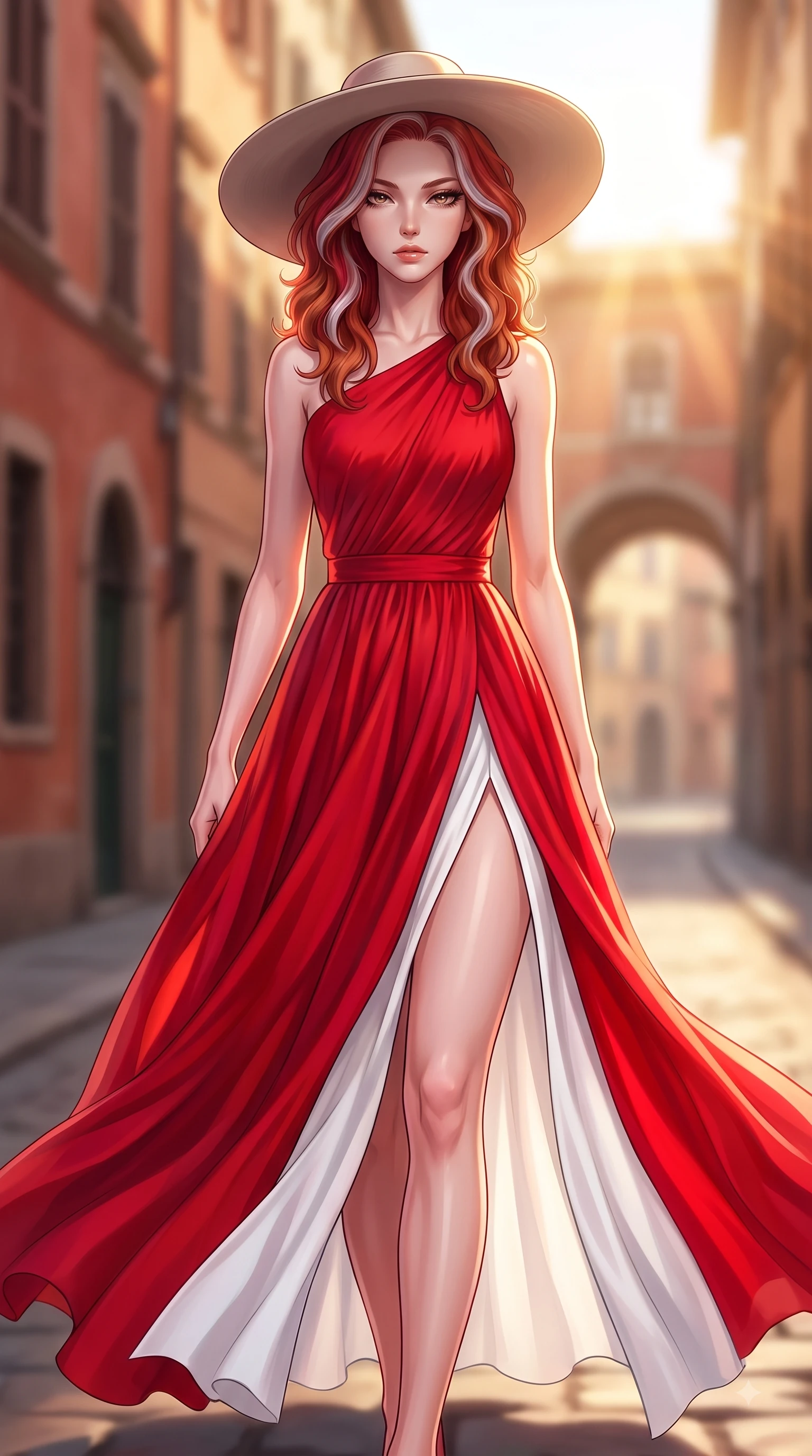 score_9, masterpiece, best quality, ultra-detailed, high-budget anime keyframe, editorial fashion photography, tasteful artistic composition, Caucasian woman. close-up cowboy shot from the waist and thighs up, the character dominates the composition, filling the frame with her large presence. Indifferent cold glance casting a disdainful side-eye from beneath long dark eyelashes with aloof confidence while stepping along a quiet historic street with a commanding editorial posture. The composition keeps background elements in soft focus with dreamy bokeh. terracotta building facades and distant archways blurred into creamy golden background bokeh. She has an exceptionally elegant, slender, and willowy female figure with an ultra-slim waist, a gracefully sculpted slender torso, and a refined silhouette. sharp v-shaped jawline, high-bridge nose, intricate jewel-like eyes with depth, thick eyelashes, glossy lips with a natural sheen, flawlessly proportioned anatomical accuracy, natural body alignment, perfectly sculpted elegant limbs, clean dynamic posture without body distortion. wearing a vibrant scarlet red chiffon maxi dress with a dramatic flowing skirt in vibrant crimson red and crisp snow white, made of fine lace weave and soft satin jersey, finished with a sleek side slit ascending to mid-thigh, the fluid drape swaying gracefully with her dynamic editorial movement. bathed in dramatic golden hour sunbursts casting long cinematic shadows. highly saturated vibrant anime colors, detailed shading with soft gradients, rich glossy textures, high-contrast stereoscopic depth, volumetric dynamic lighting, master piece, 9:16 ratio