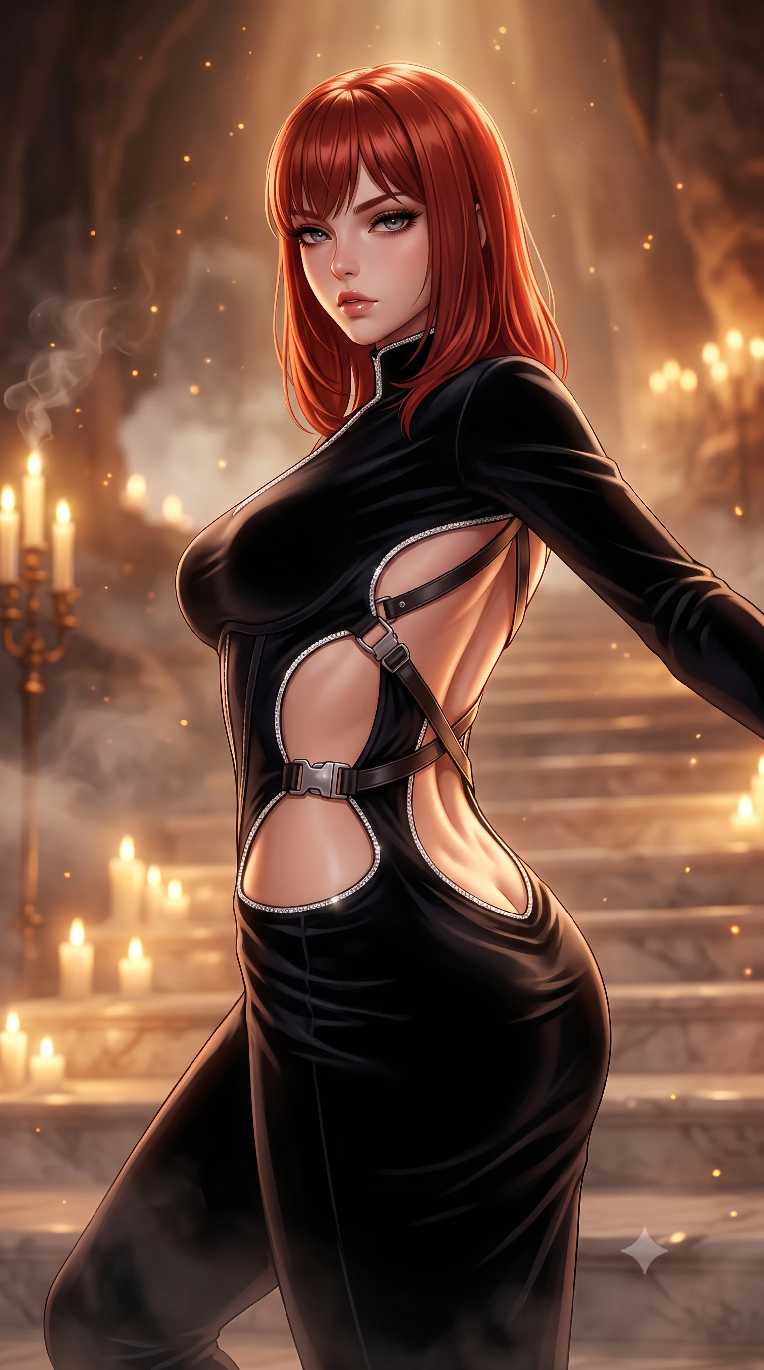 score_9, masterpiece, best quality, ultra-detailed, high-budget anime keyframe, semi-realistic 3D game render, editorial fashion photography, tasteful artistic composition, Caucasian woman. close-up cowboy shot from the waist and thighs up, the character dominates the composition, filling the frame with her large presence. leaning back with relaxed seductive grace, her sculpted collarbones and narrow waist highlighted as she casts smoldering bedroom-eyes directly into the camera while gliding down the candlelit marble cavern steps with sovereign grace, her liquid dark drapery clinging seamlessly to her slender model waist. The composition keeps background elements in soft focus with creamy bokeh. drifting cavern mist and candelabra wax smoke catching glowing amber light motes. She has an exceptionally elegant, slender, and willowy female figure with an ultra-slim waist, flat toned midriff, narrow ribcage, and sculpted feminine hips creating an alluring, slim hourglass silhouette without bulk. sharp v-shaped jawline, high-bridge nose, intricate jewel-like eyes with depth, thick eyelashes, glossy parted lips with a natural sheen, intensely captivating and seductive bedroom-eyes expression, flawlessly proportioned anatomical accuracy, strict slender model proportions, natural body alignment, perfectly sculpted long slender limbs, ultra-slim waistline, clean dynamic posture without body distortion. wearing a high-collar speedsuit featuring bold side-torso cutouts and quick-release titanium buckles in pitch-black velvet with diamond crystal trim, made of fluid silk crepe with delicate inner corsetry boning, featuring an open-back criss-cross harness strap in dark leather, the precision-cut side openings and low-back scoop framing her graceful spine and the sensual sweep of her slim, toned hips. surrounded by an immortal, seductive, and dangerously mesmerizing underground opera queen aura. highly saturated vibrant anime colors, detailed shading with soft gradients, rich glossy textures, high-contrast stereoscopic depth, volumetric dynamic lighting, master piece, 9:16 ratio