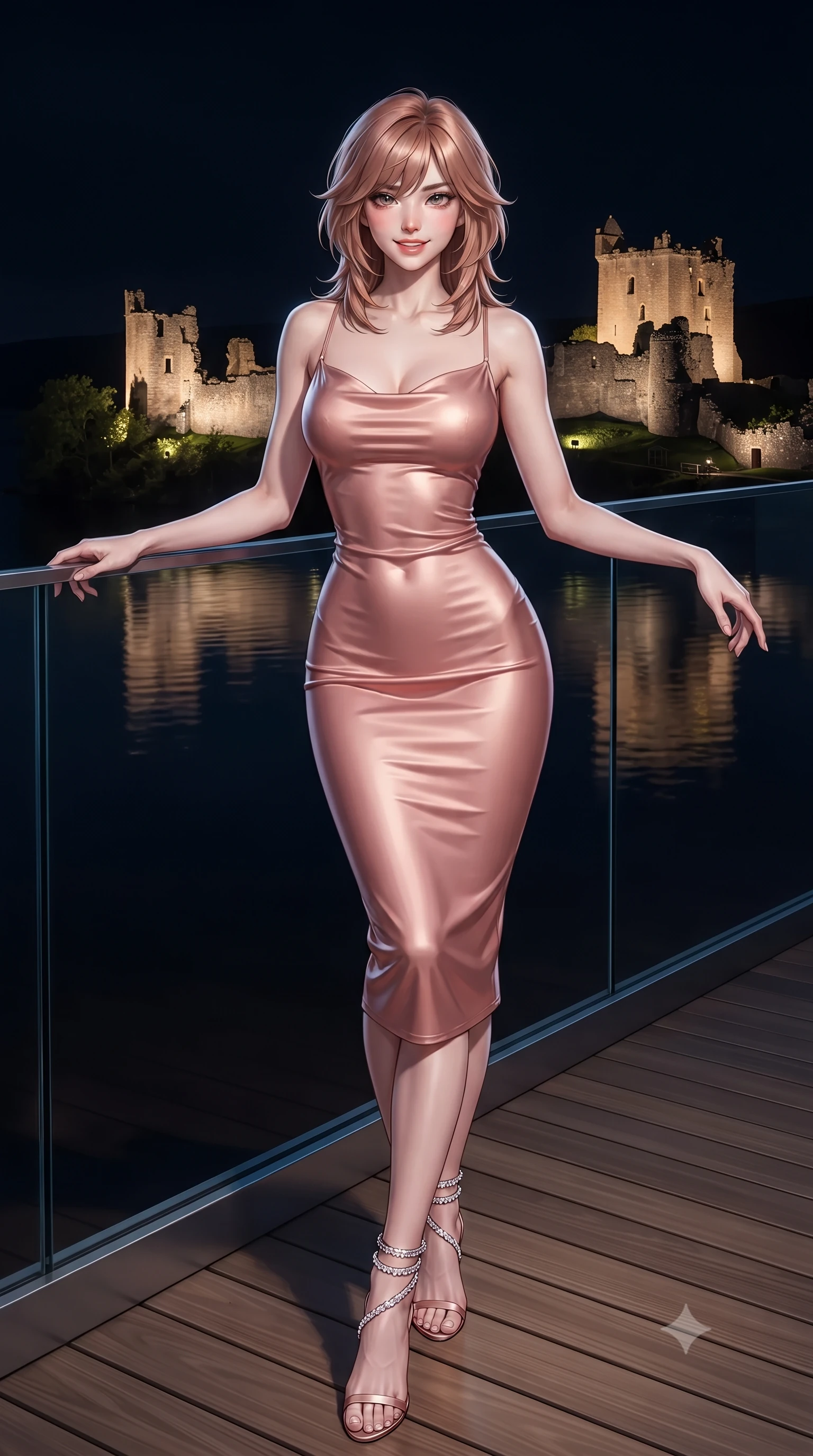 score_9, masterpiece, best quality, ultra-detailed, high-budget anime keyframe, editorial fashion photography, tasteful artistic composition, Korean woman. low angle full-body shot from head to toe showing her feet, filling the entire 9:16 vertical frame with her statuesque presence, stretching her vertical silhouette. stepping slowly toward the camera with hypnotic grace, hips swaying in an alluring sensual rhythm that accentuates her curvy hourglass silhouette and long slender legs while leaning against the frameless panoramic glass balustrade with hips cocked back, looking out toward the floodlit ruins of Urquhart Castle with smoldering bedroom-eyes. The surrounding environment is rendered in vivid detail and crisp panoramic clarity: sharp frameless glass corner bevels, natural aromatic cedar planking grain, and still dark peat water ripples in deep focus. She has an exceptionally tall and slender model-like 8.5-heads proportion, an ultra-slim waist, a flat toned midriff, narrow delicate ribcage, and beautifully sculpted feminine hips creating a graceful, slim hourglass silhouette without any bulky heaviness, with impossibly long slender legs. sharp v-shaped jawline, high-bridge nose, intricate jewel-like sparkling eyes with depth, thick eyelashes, glossy parted lips with a natural peach sheen, bright cheerful beaming smile with an enchanting and coquettish sensual glint, exuding both youthful cute charm and seductive allure, flawlessly proportioned anatomical accuracy, strict slender model proportions, natural body alignment, perfectly sculpted long slender limbs, ultra-slim waistline, clean dynamic posture without body distortion. wearing a form-fitting Scottish Highlands liquid silk jersey evening dress clinging smoothly to her narrow waist and rounded hips in rose-quartz blush and burnished copper, crafted from fluid liquid silk satin that clings smoothly to her narrow waist and rounded hips with a dewy sheen, complemented by strappy stiletto sandals with crystal ankle wraps accentuating her slender calves, the liquid-tight tailored fabric clinging flawlessly to her narrow waist and rounded feminine hips, emphasizing every millimeter of her sculpted slim hourglass curves without any bulky heaviness. illuminated by loch water reflection bounce and sharp platinum-cyan rim lights defining her dewy collarbones, ultra-slim waist, and curvy hips. ultra-reflective glossy finish, specular highlights, rich textural contrasts, high-contrast stereoscopic depth, volumetric dynamic lighting, 2k, ultra detail, master piece, 9:16 ratio