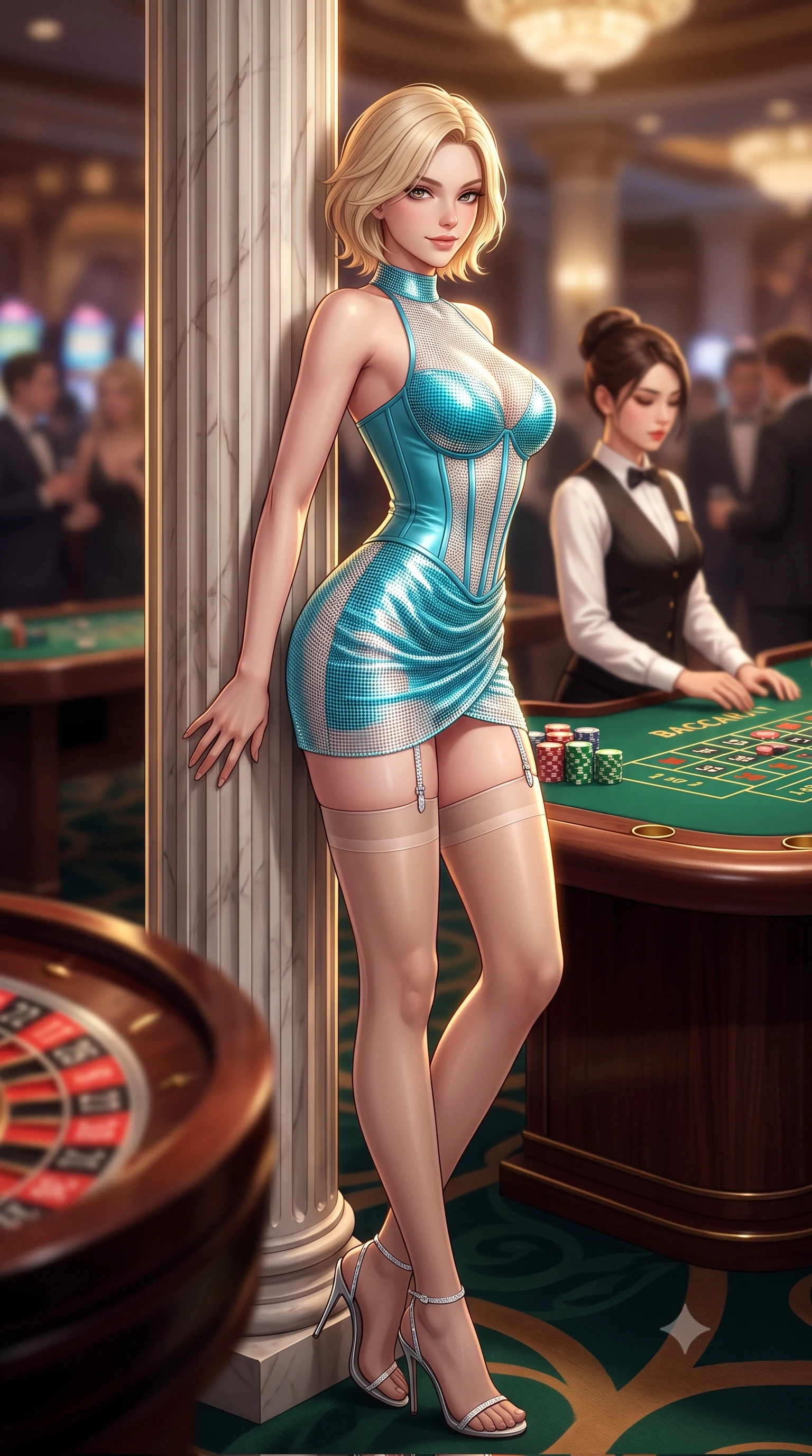 score_9, masterpiece, best quality, ultra-detailed, high-budget anime keyframe, semi-realistic 3D game render, editorial fashion photography, tasteful artistic composition, Caucasian woman. low angle full-body shot from head to toe showing her feet, filling the entire 9:16 vertical frame with her statuesque presence, stretching her vertical silhouette. standing tall beside the architectural column, one hand resting high while arching her lower back to emphasize her sculpted feminine hips and slender waist while leaning forward over the emerald velvet baccarat table while arching her lower back to accentuate her curvy hips, looking at the dealer with smoldering bedroom-eyes. The background shows a soft-focus croupier wheel blur softened in ultra-exclusive high-stakes shallow focus. She has an absolutely perfect, statuesque 8.5-heads proportion, an exceptionally tall and slender model-like female figure with impossibly long slender legs, an ultra-slim waist, a flat toned midriff, narrow delicate ribcage, and beautifully sculpted feminine hips creating a graceful, slim hourglass silhouette without any bulky heaviness. sharp v-shaped jawline, high-bridge nose, sparkling eyes with hypnotic seductive depth, thick curled eyelashes, glossy parted lips with a natural dewy peach sheen, alluring bedroom-eyes with an enchanting coquettish smile, exuding magnetic siren charisma and sophisticated glamour, flawlessly proportioned anatomical accuracy, strict slender model proportions, natural body alignment, perfectly sculpted long slender limbs, ultra-slim waistline, clean dynamic posture without body distortion. wearing a structured boned leatherette corset bodice paired with an ultra-short micro-wrap mini skirt and sheer thigh-high stockings in Capri turquoise and pure pearl white, crafted from shimmering fluid chainmail mesh reflecting ambient lights, finished with delicate crystal-encrusted thigh garter straps glinting in the dim light, the liquid-tight tailored fabric clinging flawlessly to her narrow waist and rounded feminine hips, emphasizing every millimeter of her sculpted slim hourglass curves without any bulky heaviness. illuminated by mahogany table surface bounce and sharp royal-gold rim lights defining her razor-sharp jawline, narrow waist, and curvy hips. highly saturated vibrant anime colors, detailed shading with soft gradients, rich glossy textures, high-contrast stereoscopic depth, volumetric dynamic lighting, master piece, 9:16 ratio
