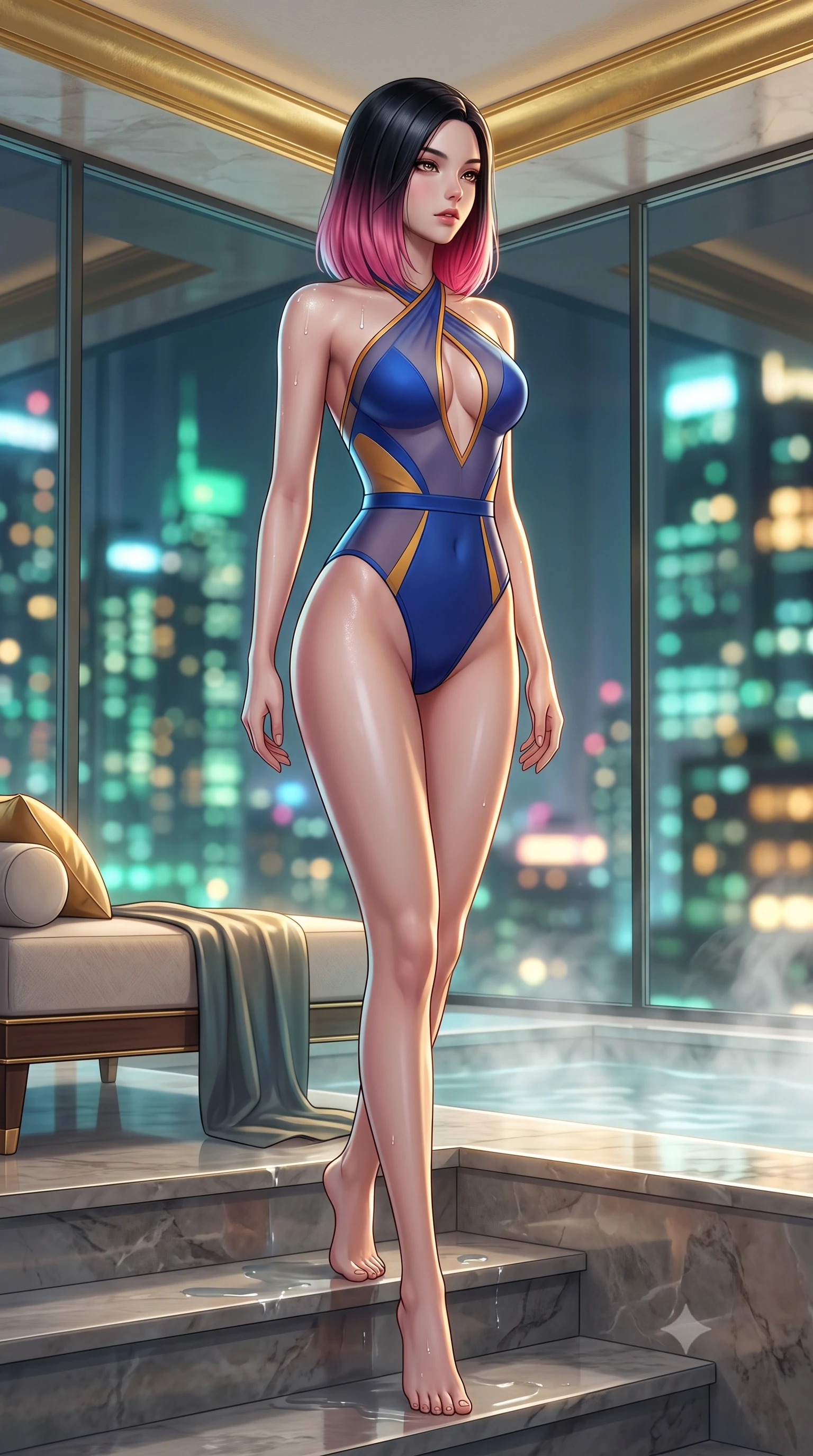 score_9, masterpiece, best quality, ultra-detailed, high-budget anime keyframe, semi-realistic 3D game render, editorial fashion photography, tasteful artistic composition, Korean woman. low angle full-body shot from head to toe showing her feet, filling the entire 9:16 vertical frame with her statuesque presence, stretching her vertical silhouette. lounging on the lavish daybed with legs crossed and hips angled toward the camera, displaying her toned midriff and long slender limbs with effortless siren poise while standing beside the steaming sunken bath with hips cocked back, looking through floor-to-ceiling glass at the neon city with bedroom-eyes. The background shows a soft-focus steaming water surface in sunken bath, stepped gold-leaf ceiling cornices, and glittering city skyline outside blurred into jade, honey, and charcoal bokeh. She has an absolutely perfect, statuesque 8.5-heads proportion, an exceptionally tall and slender model-like female figure with impossibly long slender legs, an ultra-slim waist, a flat toned midriff, narrow delicate ribcage, and beautifully sculpted feminine hips creating a graceful, slim hourglass silhouette without any bulky heaviness. sharp v-shaped jawline, high-bridge nose, sparkling eyes with hypnotic seductive depth, thick curled eyelashes, glossy parted lips with a natural dewy peach sheen, alluring bedroom-eyes with an enchanting coquettish smile, exuding magnetic siren charisma and sophisticated glamour, flawlessly proportioned anatomical accuracy, strict slender model proportions, natural body alignment, perfectly sculpted long slender limbs, ultra-slim waistline, clean dynamic posture without body distortion. wearing a criss-cross halterneck keyhole bodysuit with open back and sculpted waist darts in Marrakesh cobalt majorelle blue and saffron gold, made of semi-opaque stretch illusion mesh with soft shadowy contours, finished with glistening drops of lagoon or spa water beading across her sculpted shoulders and collarbones, the form-contouring silhouette accentuating her sculpted flat midriff, narrow delicate ribcage, and gracefully curvy hips with intoxicating allure. illuminated by polished stone reflection fill and sharp champagne-gold rim lights sculpting her jawline, narrow waist, and curvy hips. highly saturated vibrant anime colors, detailed shading with soft gradients, rich glossy textures, high-contrast stereoscopic depth, volumetric dynamic lighting, master piece, 9:16 ratio
