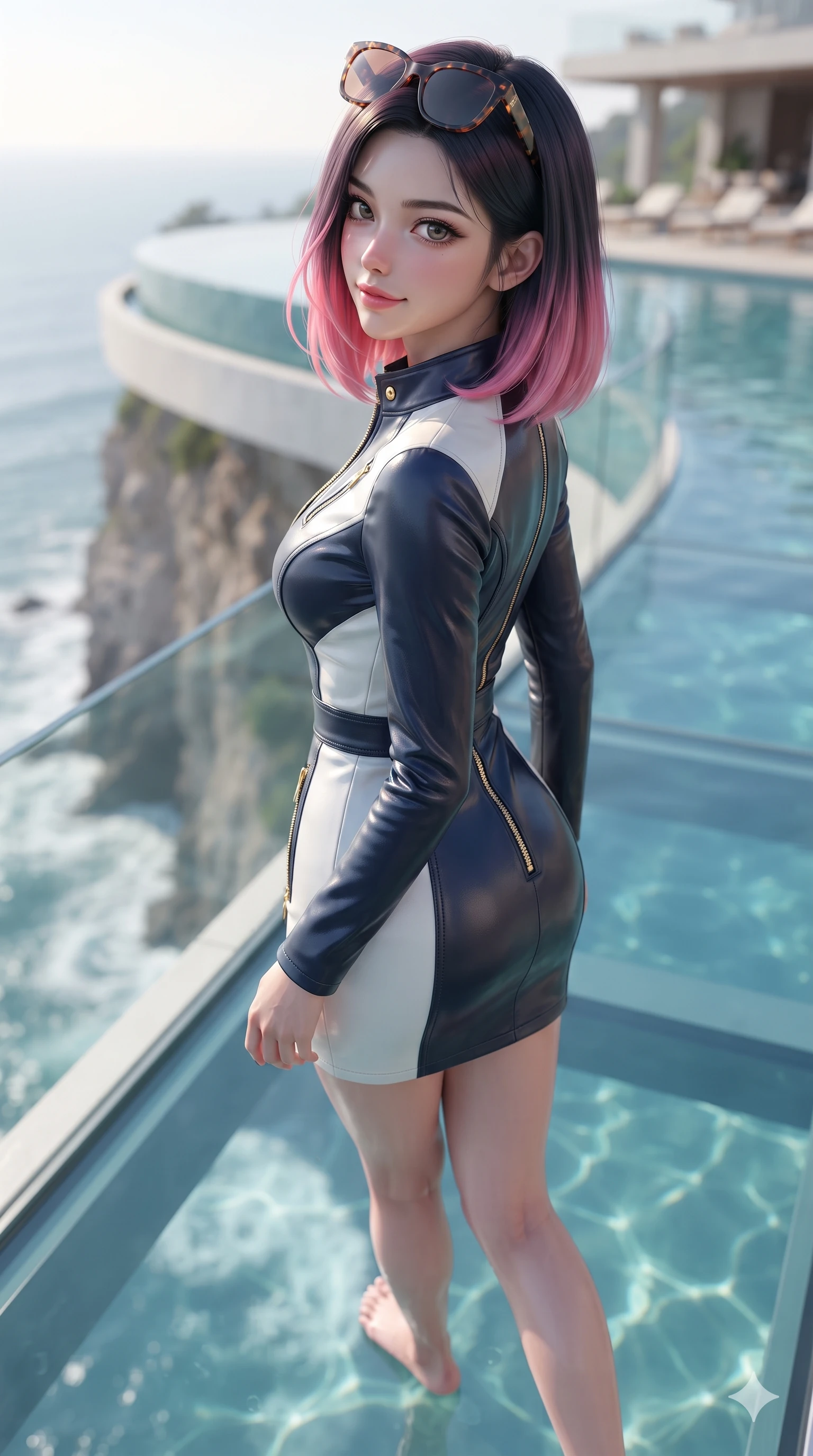 score_9, masterpiece, best quality, ultra-detailed, high-budget anime keyframe, editorial fashion photography, tasteful artistic composition, Korean woman. close-up cowboy shot from the waist and thighs up, the character dominates the composition, filling the frame with her large presence. tilting her head with a teasing half-smile, running one hand slowly down the side of her hip in a flirtatious S-curve as ambient light caresses her silhouette while walking slowly along the suspended glass pool edge, looking back over her shoulder with an air of effortless grace and an alluring, smoldering smile as the sea churns 300 feet below her transparent feet. The background shows a soft-focus high-cliff cantilevered infinity pool softened in modern architectural shallow focus. She has an exceptionally elegant, slender, and willowy female figure with an ultra-slim waist, flat toned midriff, narrow ribcage, and sculpted feminine hips creating an alluring, slim hourglass silhouette without bulk. sharp v-shaped jawline, high-bridge nose, sparkling eyes with hypnotic seductive depth, thick curled eyelashes, glossy parted lips with a natural dewy peach sheen, alluring bedroom-eyes with an enchanting coquettish smile, exuding magnetic siren charisma and sophisticated glamour, flawlessly proportioned anatomical accuracy, strict slender model proportions, natural body alignment, perfectly sculpted long slender limbs, ultra-slim waistline, clean dynamic posture without body distortion. wearing a glove-like stretch lambskin leather racer mini dress with double-ended front zipper and waist-cinching seams in high-contrast coastal monochrome with gold hardware, woven from buttery-soft stretch lambskin leather adhering to her body like a second skin, complemented by oversized designer tortoiseshell sunglasses resting atop her head, the form-contouring material adhering flawlessly to her sculpted flat midriff and slender torso, emphasizing her long leg lines and perfectly proportioned willowy build. illuminated by pool water bottom bounce and sharp gold-cyan rim lights defining her razor-sharp jawline, narrow waist, and curvy hips. ultra-reflective glossy finish, specular highlights, rich textural contrasts, high-contrast stereoscopic depth, volumetric dynamic lighting, 2k, ultra detail, master piece, 9:16 ratio