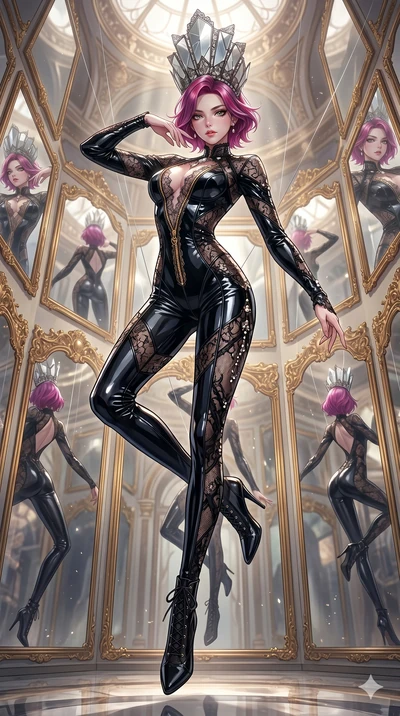 score_9, masterpiece, best quality, ultra-detailed, High-budget Anime Keyframe, East Asian woman. Dynamic full-body shot stretching the vertical silhouette to the limit. Scenario 126: Suspended by invisible silk threads in a hall of mirrors. Her pres