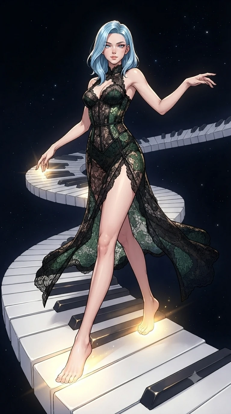 score_9, masterpiece, best quality, ultra-detailed, high-budget anime keyframe, editorial fashion photography, tasteful artistic composition, gorgeous anime illustration, with clean line-art, distinct ink outlines, and high-contrast stereoscopic depth, Korean woman. low angle full-body shot from head to toe showing her feet, filling the entire 9:16 vertical frame with her statuesque presence, stretching her vertical silhouette. navigating with fluid, playful motion through on a floating path of white quartz piano keys that glow with warm golden light when stepped on, winding through a dark starry void. She has a statuesque 8.5-heads proportion, an exceptionally tall, slender and willowy model-like build with impossibly long legs and a highly sculpted ultra-slim waist. sharp v-shaped jawline, high-bridge nose, intricate jewel-like eyes with depth, thick eyelashes, glossy lips with a natural sheen. wearing a deconstructed lace gown in black, detailed with forest green lace panels and corset structure. warm golden light from the glowing keys casting upward illumination against the deep black starlit background. 2k, ultra detail, master piece, 9:16 ratio, highly saturated vibrant anime colors, detailed cel-shading with soft gradients, rich glossy textures, deep contrast, volumetric dynamic lighting, 2d animation style