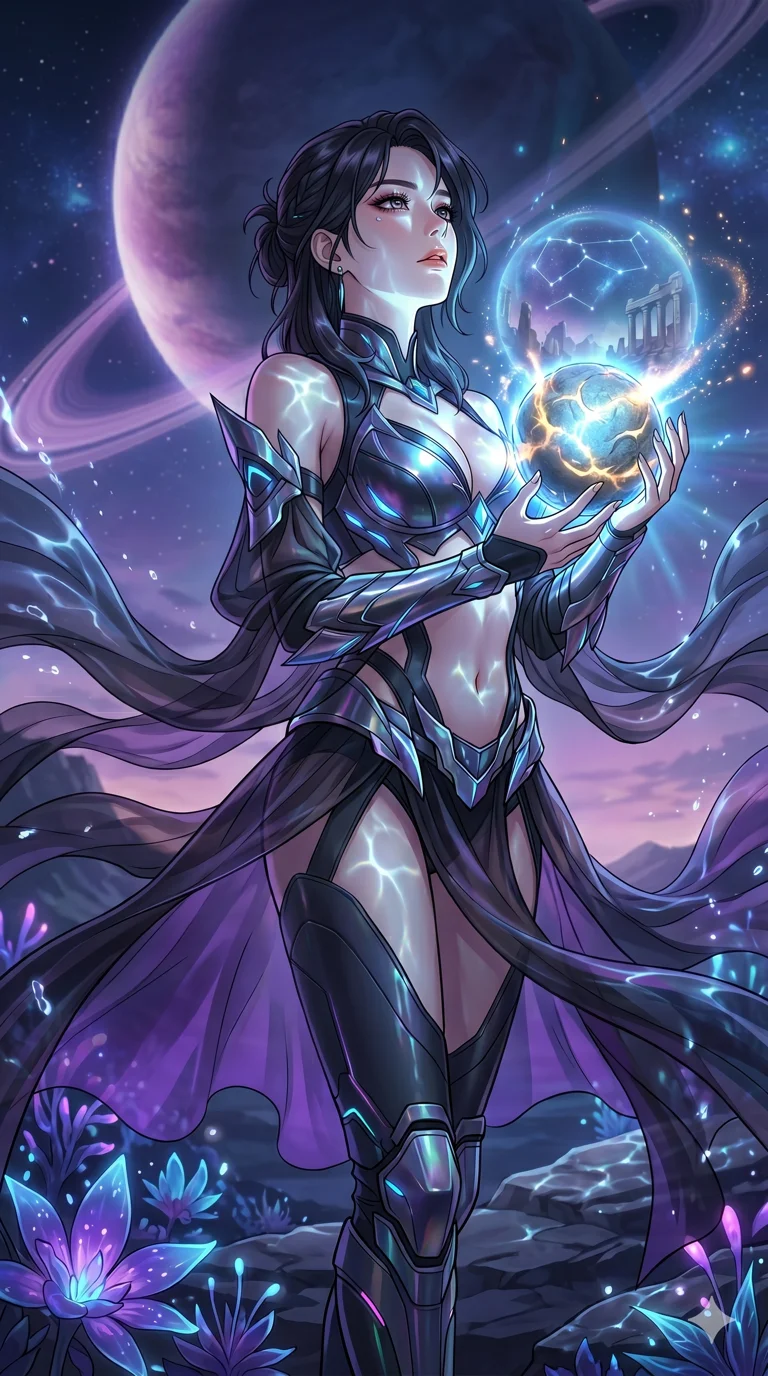 score_9, masterpiece, best quality, ultra-detailed, High-budget Anime Keyframe, vibrant colors, fluid line-art, expressive lighting, cinematic composition, Ufotable-style visual effects, top-tier animation quality, Korean woman with idol-like refined features. Cinematic low angle perspective showcasing her towering height and perfect 8-heads proportion. Holding a glowing ancient orb that reveals a flickering vision of the future, its light illuminating her determined face. She has an absolutely perfect 8-heads proportion, an exceptionally tall and slender female figure with impossibly long slender legs and an ultra-slim waist, her statuesque height and towering silhouette dominating the vertical 9:16 frame. Her face is a masterpiece featuring a sharp v-shaped jawline, high-bridge nose, intricate jewel-like eyes with depth, thick eyelashes, and glossy lips with a natural sheen. She is wearing a Metallic armor-bikini with sharp, aggressive edges and integrated energy-shield generators crafted from Sheer silk that is almost transparent, flowing like water around her statuesque frame, with integrated neon-lit tactical gear and suggestive cutouts on the thighs. The scene is set in a mysterious alien planet with bioluminescent purple flora and a giant ringed planet in the sky, illuminated by underwater caustic lighting with ripples of light dancing across her body. 2k, ultra detail, master piece, 9:16 ratio