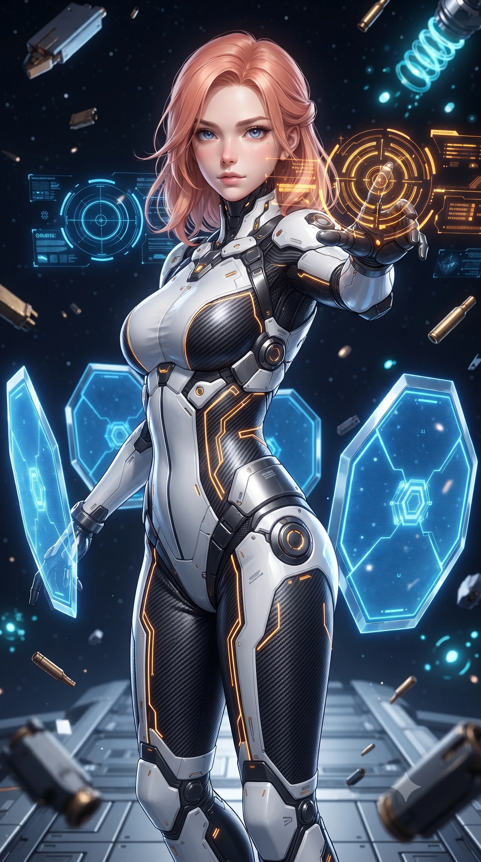 score_9, masterpiece, best quality, ultra-detailed, high-budget anime keyframe, editorial fashion photography, tasteful artistic composition, Japanese woman. close-up cowboy shot from the waist and thighs up, the character dominates the composition, filling the frame with her large presence. extending one arm gracefully as glowing holographic targeting reticles and data streams orbit her fingertips with sovereign power while pivoting dynamically on a magnetic catwalk as floating zero-gravity metal debris and starlight frame her statuesque silhouette. The composition keeps background elements in soft focus with creamy bokeh. distant starlight and railgun charging LED coils scattering soft glowing light motes across a deep space backdrop. She has an exceptionally elegant, slender, and willowy female figure with an ultra-slim waist, a gracefully sculpted slender torso, toned flat midriff, and a refined slim silhouette. sharp v-shaped jawline, high-bridge nose, intricate jewel-like eyes with depth, thick eyelashes, glossy lips with a natural sheen, flawlessly proportioned anatomical accuracy, strict slender model proportions, natural body alignment, perfectly sculpted long slender limbs, ultra-slim waistline, clean dynamic posture without body distortion. wearing a high-contrast monochrome white-and-black carbon-composite exoskeleton suit with glowing amber circuitry, deploying floating hexagonal holographic energy shields with sovereign grace in electric cobalt blue carbon with polished platinum trim, crafted from ultra-strong woven carbon-fiber composite with a satin luster, finished with high-mobility articulation joints and miniature magnetic armor locks, the glove-like aerodynamic second-skin fit tightly clinging to her ultra-slender waist and athletic curves without adding bulk, accentuating her razor-sharp statuesque lines and slim hourglass silhouette. illuminated by glowing cyan rifle charging lights and sharp specular highlights tracing her slender curves. ultra-reflective glossy finish, specular highlights, dark metallic sheen, high-contrast stereoscopic depth, volumetric dynamic lighting, 2k, ultra detail, master piece, 9:16 ratio