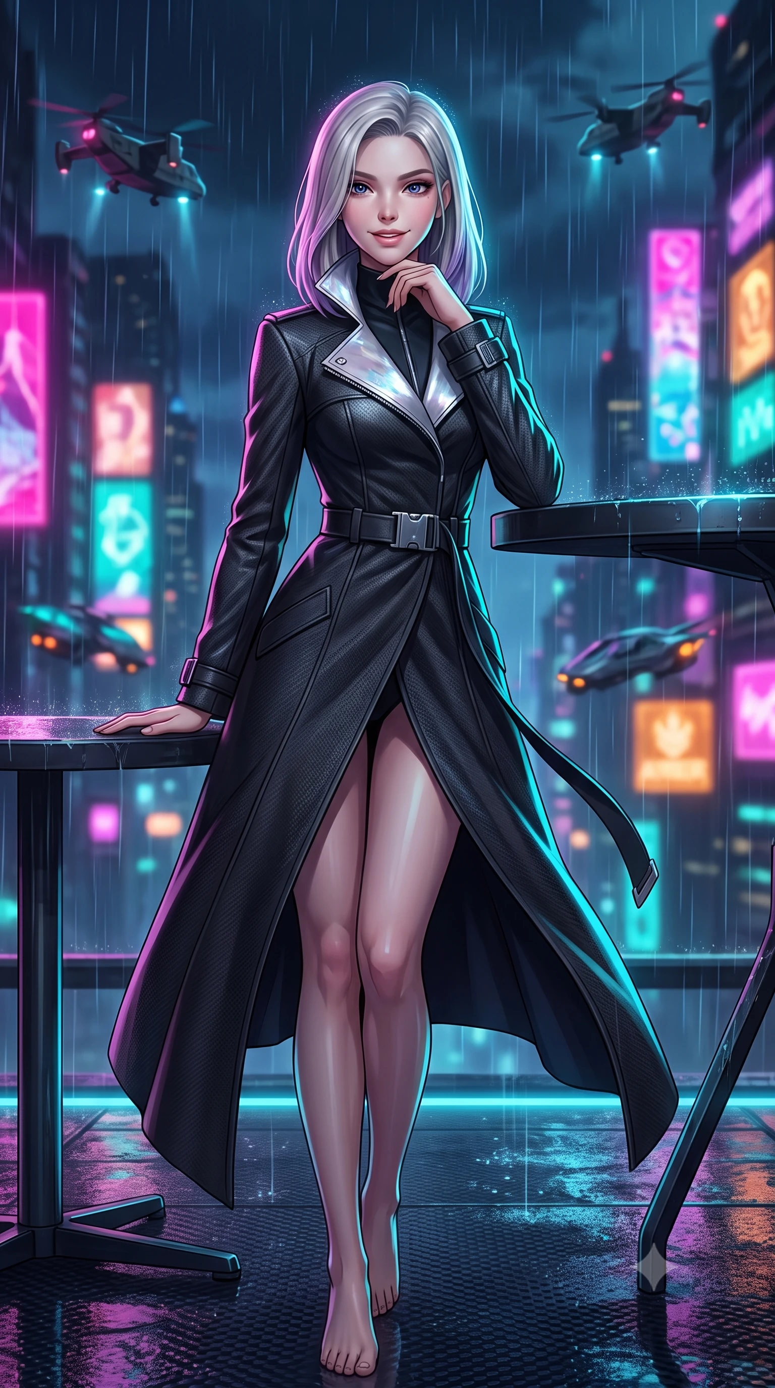 score_9, masterpiece, best quality, ultra-detailed, high-budget anime keyframe, semi-realistic 3D game render, editorial fashion photography, tasteful artistic composition, Caucasian woman. close-up cowboy shot from the waist and thighs up, the character dominates the composition, filling the frame with her large presence. resting one elbow on the table and supporting her chin, leaning close to the camera with heavy-lidded sparkling eyes and parted lips while standing poised on the rain-washed carbon-fiber helipad atop the vertical mega-citadel, arching her lower back with commanding anime warrior charisma as tactical VTOL transports hover nearby. The background shows a soft-focus towering vertical holographic neon billboards, dripping rain curtains, and swarms of hovering tactical aerocars blurred into fuchsia, turquoise, and amber bokeh. She has an exceptionally elegant, slender, and willowy female figure with an ultra-slim waist, flat toned midriff, narrow ribcage, and sculpted feminine hips creating an alluring, slim hourglass silhouette without bulk. sharp v-shaped jawline, high-bridge nose, intricate jewel-like sparkling eyes with depth, thick eyelashes, glossy parted lips with a natural peach sheen, bright cheerful beaming smile with an enchanting and coquettish sensual glint, exuding both youthful cute charm and seductive allure, flawlessly proportioned anatomical accuracy, strict slender model proportions, natural body alignment, perfectly sculpted long slender limbs, ultra-slim waistline, clean dynamic posture without body distortion. wearing a bespoke tactical commander trench coat in matte carbon-weave with magnetic utility buckles, storm flaps, and high standing collar in iridescent mother-of-pearl and liquid molten silver, crafted from bespoke double-faced cashmere with an exceptionally soft tactile finish, finished with sleek magnetic buckle closures fluttering in the breeze, the impeccably tailored cut draping gracefully along her slender figure with aristocratic poise. illuminated by wet pavement reflection bounce and sharp laser-cyan rim lights defining her jawline, narrow waist, and curvy hips. highly saturated vibrant anime colors, detailed shading with soft gradients, rich glossy textures, high-contrast stereoscopic depth, volumetric dynamic lighting, master piece, 9:16 ratio