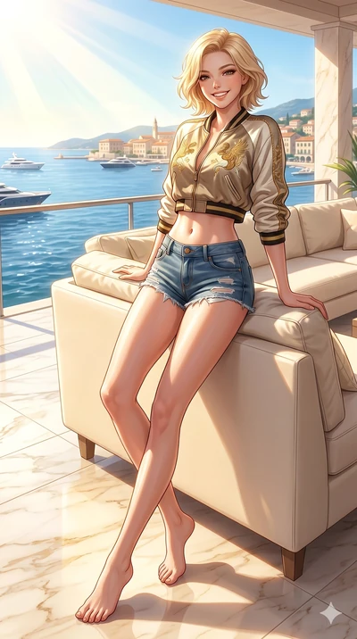 score_9, masterpiece, best quality, ultra-detailed, high-budget anime keyframe, vibrant anime aesthetic, Caucasian woman, strictly human ears. low angle full-body shot from head to toe showing her feet, filling the entire 9:16 vertical frame with her