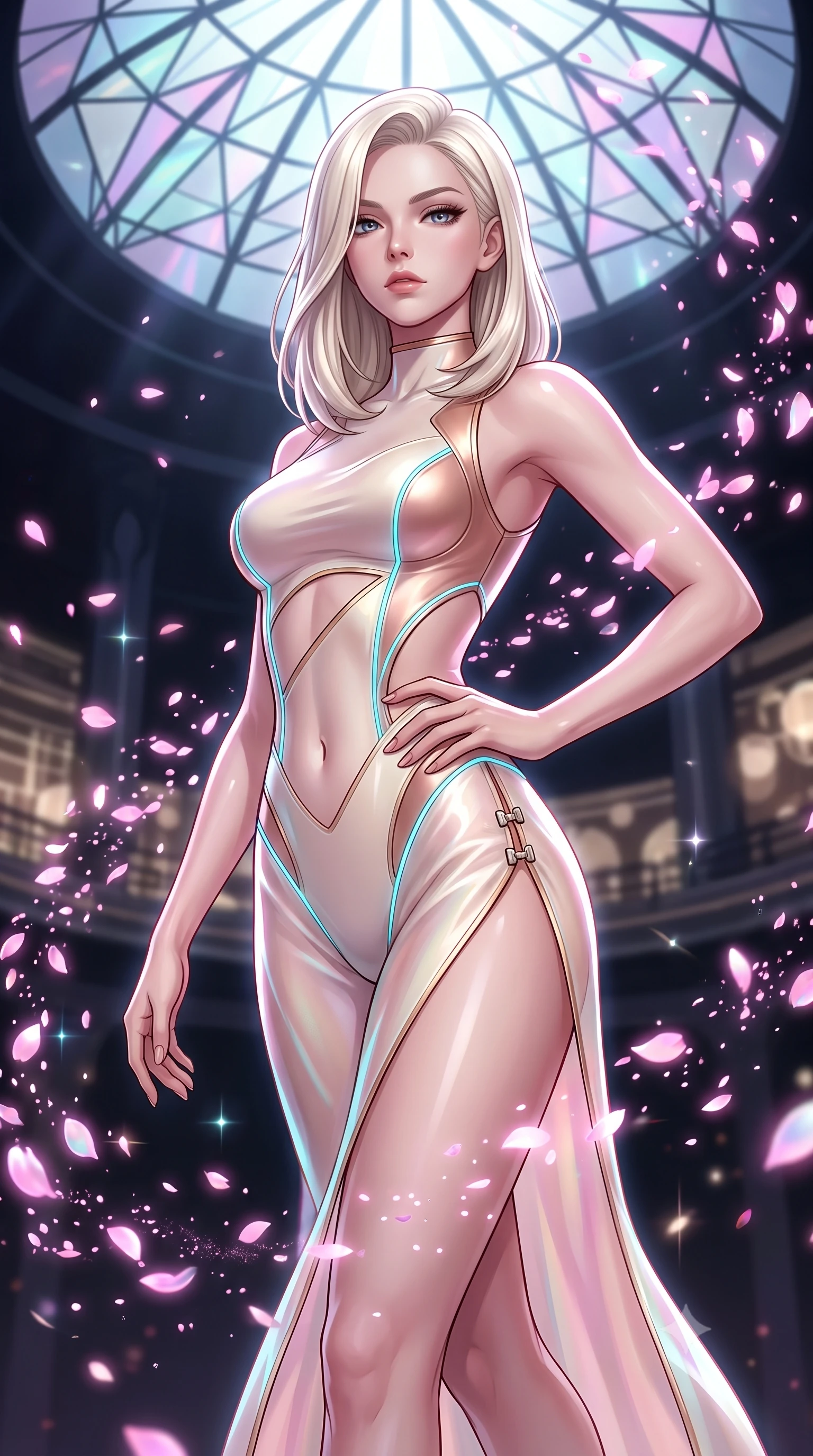 score_9, masterpiece, best quality, ultra-detailed, high-budget anime keyframe, semi-realistic 3D game render, editorial fashion photography, tasteful artistic composition, Caucasian woman. close-up cowboy shot from the waist and thighs up, the character dominates the composition, filling the frame with her large presence. twisting her upper body in a dynamic S-curve with commanding allure, one hand resting on her slender waist with haughty grace while striding gracefully beneath a soaring geometric cybernetic stained-glass dome as glowing pink digital sakura petals swirl around her. The composition keeps background elements in soft focus with creamy bokeh. drifting holographic blossom particles scattering soft glowing glints across a dark backdrop. She has an exceptionally elegant, slender, and willowy female figure with an ultra-slim waist, a gracefully sculpted slender torso, toned flat midriff, and a refined slim silhouette. sharp v-shaped jawline, high-bridge nose, intricate jewel-like eyes with depth, thick eyelashes, glossy lips with a natural sheen, flawlessly proportioned anatomical accuracy, strict slender model proportions, natural body alignment, perfectly sculpted long slender limbs, ultra-slim waistline, clean dynamic posture without body distortion. wearing a second-skin white-and-gold high-fashion tech-bodysuit with diagonal midriff cutouts and glowing cyan fiber seams in sculpted rose gold and luminescent champagne ivory, crafted from delicate iridescent organza interwoven with luminescent micro-fibers, finished with an ultra-high side slit secured by miniature magnetic clasps, the form-contouring material adhering flawlessly to her sculpted flat midriff and slender torso, emphasizing her long leg lines and perfectly proportioned willowy build. illuminated by crisp white key light and sharp specular highlights tracing her sculpted silhouette. rich saturated anime colors with glowing neon highlights, detailed shading with soft gradients, rich glossy textures, high-contrast stereoscopic depth, volumetric dynamic lighting, master piece, 9:16 ratio