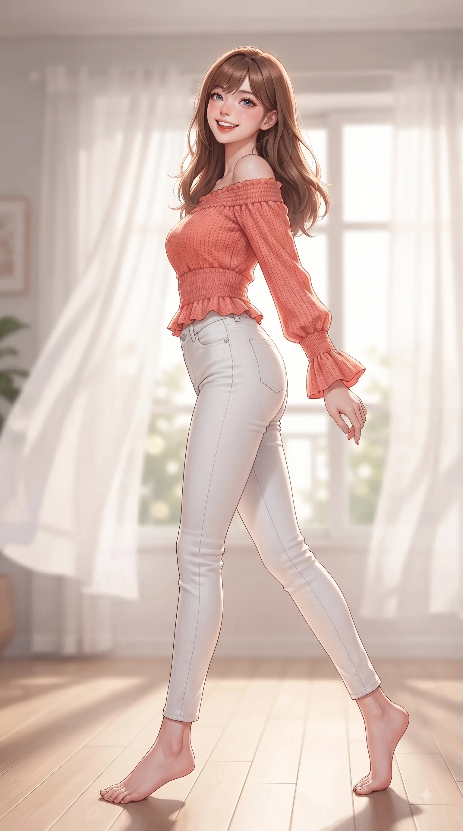 score_9, masterpiece, best quality, ultra-detailed, high-budget anime keyframe, editorial fashion photography, tasteful artistic composition, Korean woman. low angle full-body shot from head to toe showing her feet, filling the entire 9:16 vertical frame with her statuesque presence, stretching her vertical silhouette. performing a cheerful mid-motion turn with flawless poise, her radiant smile capturing fresh girlhood energy while stepping gracefully across a light oak floor as soft white curtains flutter in a gentle morning breeze. The composition keeps background elements in soft focus with dreamy bokeh. soft sheer white curtains and sunlit window frames softened by warm interior depth of field. She has an absolutely perfect, statuesque 8.5-heads proportion, an exceptionally tall and slender model-like female figure with impossibly long slender legs and an ultra-slim waist. sharp v-shaped jawline, high-bridge nose, intricate jewel-like eyes with depth, thick eyelashes, glossy lips with a natural sheen, flawlessly proportioned anatomical accuracy, natural body alignment, perfectly sculpted elegant limbs, clean dynamic posture without body distortion. wearing a stylish off-shoulder coral knit top with slim-fit white stretch denim pants in warm coral pink and champagne ivory, made of comfortable premium stretch denim and soft jersey, accented with soft smocked details and fluttery cuffs, the breezy lightweight fabric fluttering softly against her delicate frame. surrounded by a peaceful, intimate, and relaxing home atmosphere. ultra-reflective glossy finish, specular highlights, metallic sheen, high-contrast stereoscopic depth, volumetric dynamic lighting, 2k, ultra detail, master piece, 9:16 ratio