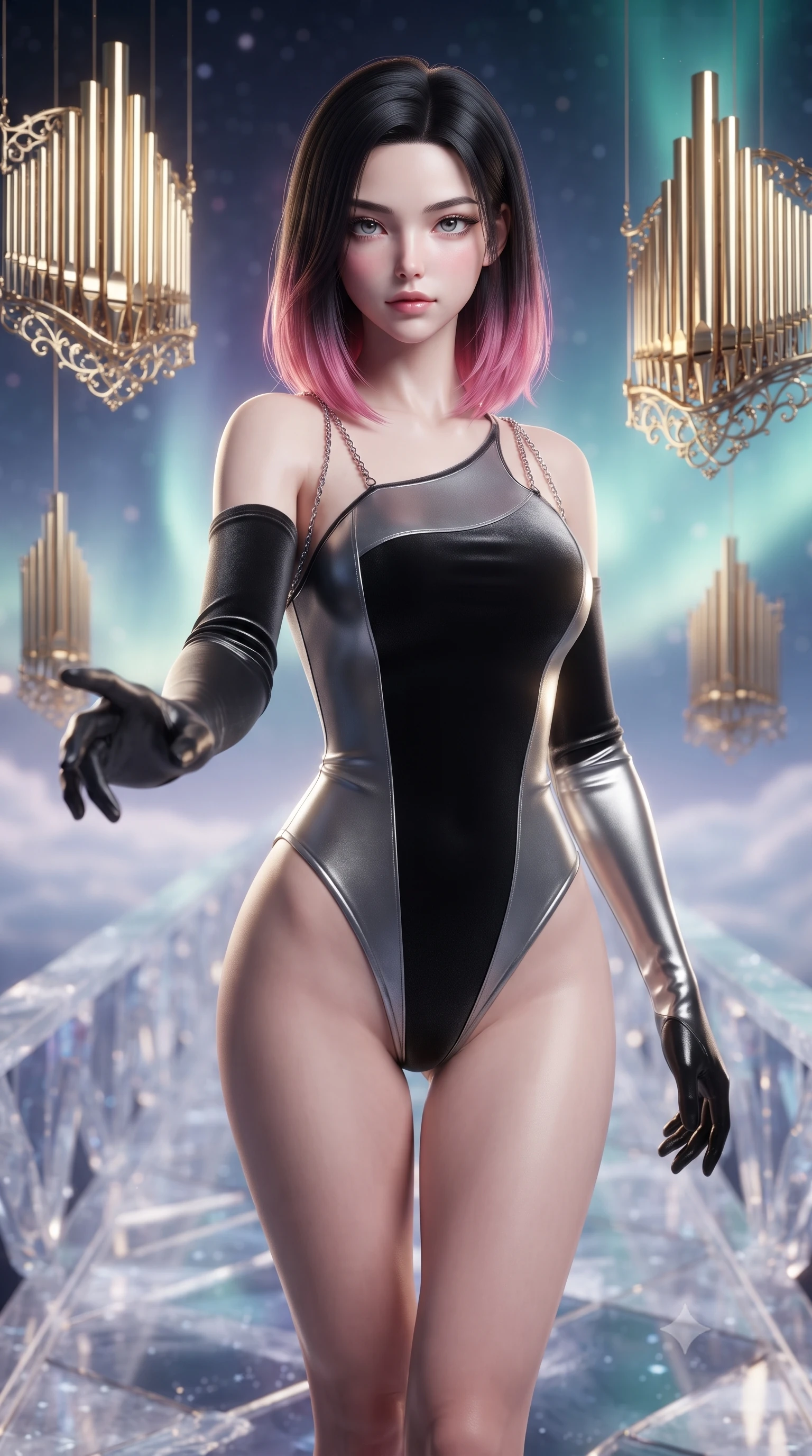 score_9, masterpiece, best quality, ultra-detailed, high-budget anime keyframe, editorial fashion photography, tasteful artistic composition, Korean woman. close-up cowboy shot from the waist and thighs up, the character dominates the composition, filling the frame with her large presence, background elements kept in soft focus. Reaching her hand gracefully toward the camera with magnetic allure, her torso turning in a dynamic S-curve alignment while stepping forward with proud posture along a crystalline bridge under a cosmic aurora, golden filigree organ pipes casting intricate metallic reflections in mid-air. She has an exceptionally elegant, slender, and willowy female figure with an ultra-slim waist, a gracefully sculpted slender torso, and a refined silhouette. sharp v-shaped jawline, high-bridge nose, intricate jewel-like eyes with depth, thick eyelashes, glossy lips with a natural sheen, flawlessly proportioned anatomical accuracy, natural body alignment, perfectly sculpted elegant limbs, clean dynamic posture without body distortion. wearing an asymmetrical high-cut tech-bodysuit with detached sleeves in matte black and polished silver, made of premium stretch velvet with a rich sheen, adorned with delicate metallic chain straps along the neckline, the glove-like fit emphasizing her statuesque silhouette during motion. surrounded by a divine cosmic aura with bright golden specular rim lights. ultra-reflective glossy finish, specular highlights, metallic sheen, high-contrast stereoscopic depth, volumetric dynamic lighting, 2k, ultra detail, master piece, 9:16 ratio