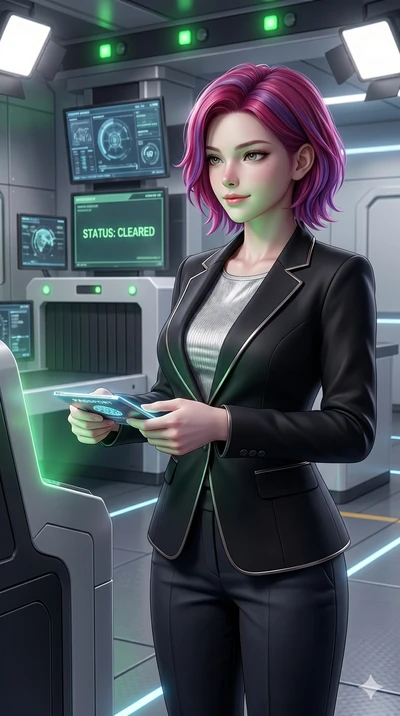 score_9, masterpiece, best quality, ultra-detailed, high-budget anime keyframe, semi-realistic 3D game render, Caucasian woman, strictly human ears. Upper body close-up from the thighs up, character filling the screen for maximum presence. Standing n