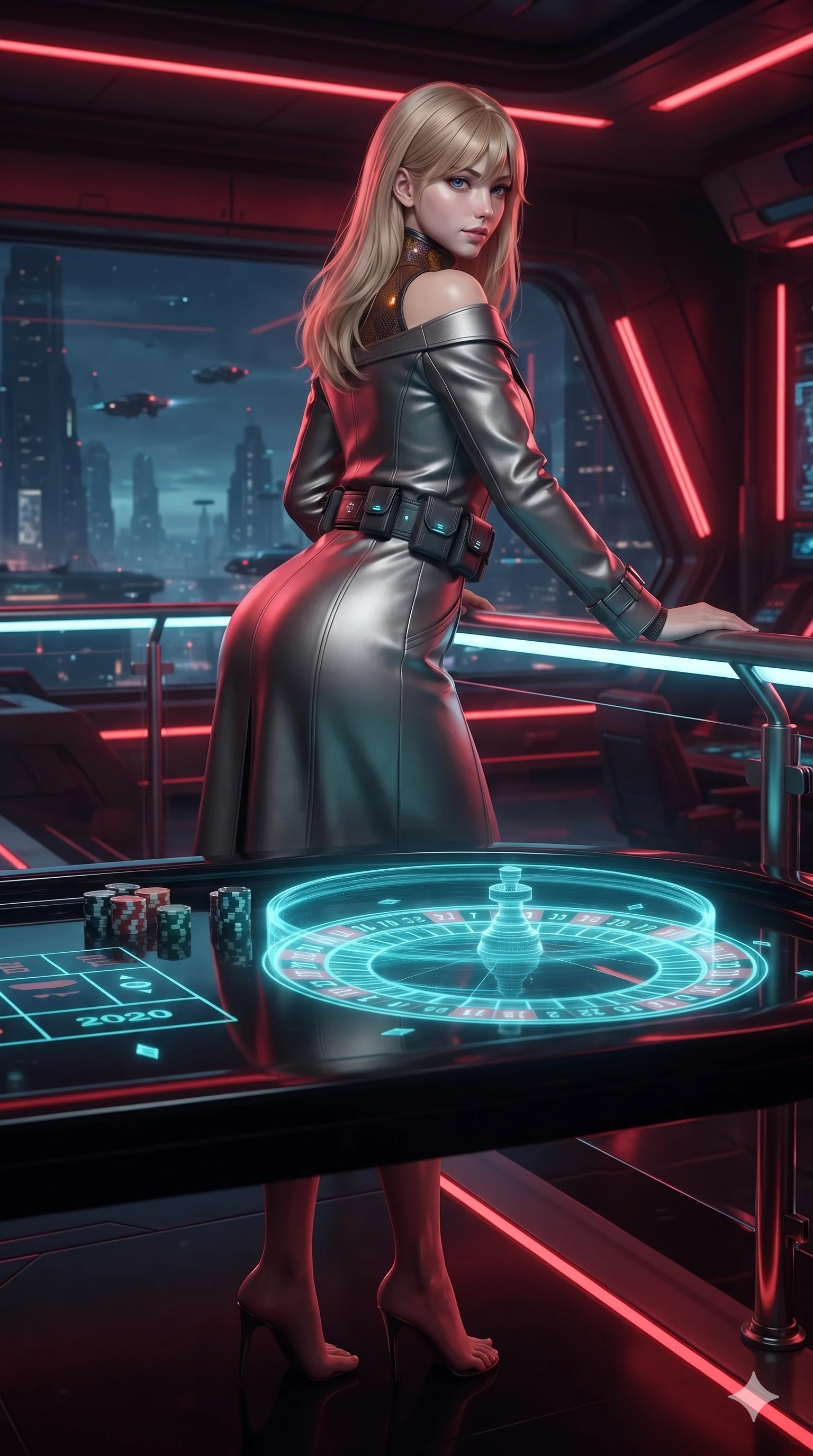 score_9, masterpiece, best quality, ultra-detailed, high-budget anime keyframe, editorial fashion photography, tasteful artistic composition, Japanese woman. low angle full-body shot from head to toe showing her feet, filling the entire 9:16 vertical frame with her statuesque presence, stretching her vertical silhouette. posing in a classic haute-couture S-curve stance beside the panoramic viewport, looking over a bare shoulder with magnetic presence while standing in a tall, confident posture with one hand on a glowing metal railing, stretching her statuesque body as she arches her lower back while leaning over the glossy black hologram roulette table with hips cocked back. The surrounding environment is rendered in vivid detail and crisp panoramic clarity: sharp holographic chip stack projections, polished black lacquer table reflections, and red neon tube clarity in deep focus. She has an absolutely perfect, statuesque 8.5-heads proportion, an exceptionally tall and slender model-like female figure with impossibly long slender legs, an ultra-slim waist, a flat toned midriff, narrow delicate ribcage, and beautifully sculpted feminine hips creating a graceful, slim hourglass silhouette without any bulky heaviness. sharp v-shaped jawline, high-bridge nose, intricate jewel-like sparkling eyes with depth, thick eyelashes, glossy parted lips with a natural sheen, bright confident smile with an enchanting and coquettish sensual glint, exuding both youthful magnetic charm and sovereign high-tech allure, flawlessly proportioned anatomical accuracy, strict slender model proportions, natural body alignment, perfectly sculpted long slender limbs, ultra-slim waistline, clean dynamic posture without body distortion. wearing a structured aerospace commander greatcoat layered over an armored high-neck knit underlayer in cosmic eclipse amber and starlight diamond, tailored from brushed aeronautical titanium alloy with matte satin sheen, accented with a sleek utility belt with polished magnetic canisters resting loosely on her curvy hips, the bespoke structured tailoring following the natural line of her 8.5-heads silhouette with refined elegance. bathed in the sensual, intimate glow of scarlet and neon crimson tubes mixed with crisp cyan holographic table projections. ultra-reflective glossy finish, specular highlights, rich textural contrasts, high-contrast stereoscopic depth, volumetric dynamic lighting, 2k, ultra detail, master piece, 9:16 ratio