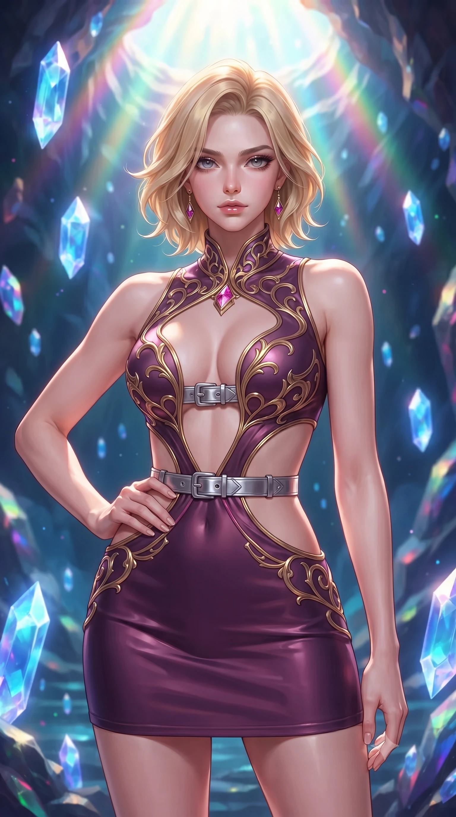 score_9, masterpiece, best quality, ultra-detailed, high-budget anime keyframe, editorial fashion photography, tasteful artistic composition, Caucasian woman. close-up cowboy shot from the waist and thighs up, the character dominates the composition, filling the frame with her large presence, background elements kept in soft focus. Holding a confident power pose with one hand on her hip, gazing directly into the camera with quiet intensity guiding floating sapphire light crystals inside a deep mineral sanctuary, sharp crystalline reflections creating an opulent, jewel-like ambience. She has an exceptionally elegant, slender, and willowy female figure with an ultra-slim waist, a gracefully sculpted slender torso, and a refined silhouette. sharp v-shaped jawline, high-bridge nose, intricate jewel-like eyes with depth, thick eyelashes, glossy lips with a natural sheen. wearing a dramatic open-waist cutout mini dress framed by sculptural hardware in plum purple and gold filigree, crafted from smooth liquid silk, detailed with polished silver buckles along the waistline, the sleek second-skin texture accentuating her magnetic presence. bathed in brilliant prismatic light filtering from a natural cavern skylight. highly saturated vibrant anime colors, detailed shading with soft gradients, rich glossy textures, high-contrast stereoscopic depth, volumetric dynamic lighting, master piece, 9:16 ratio