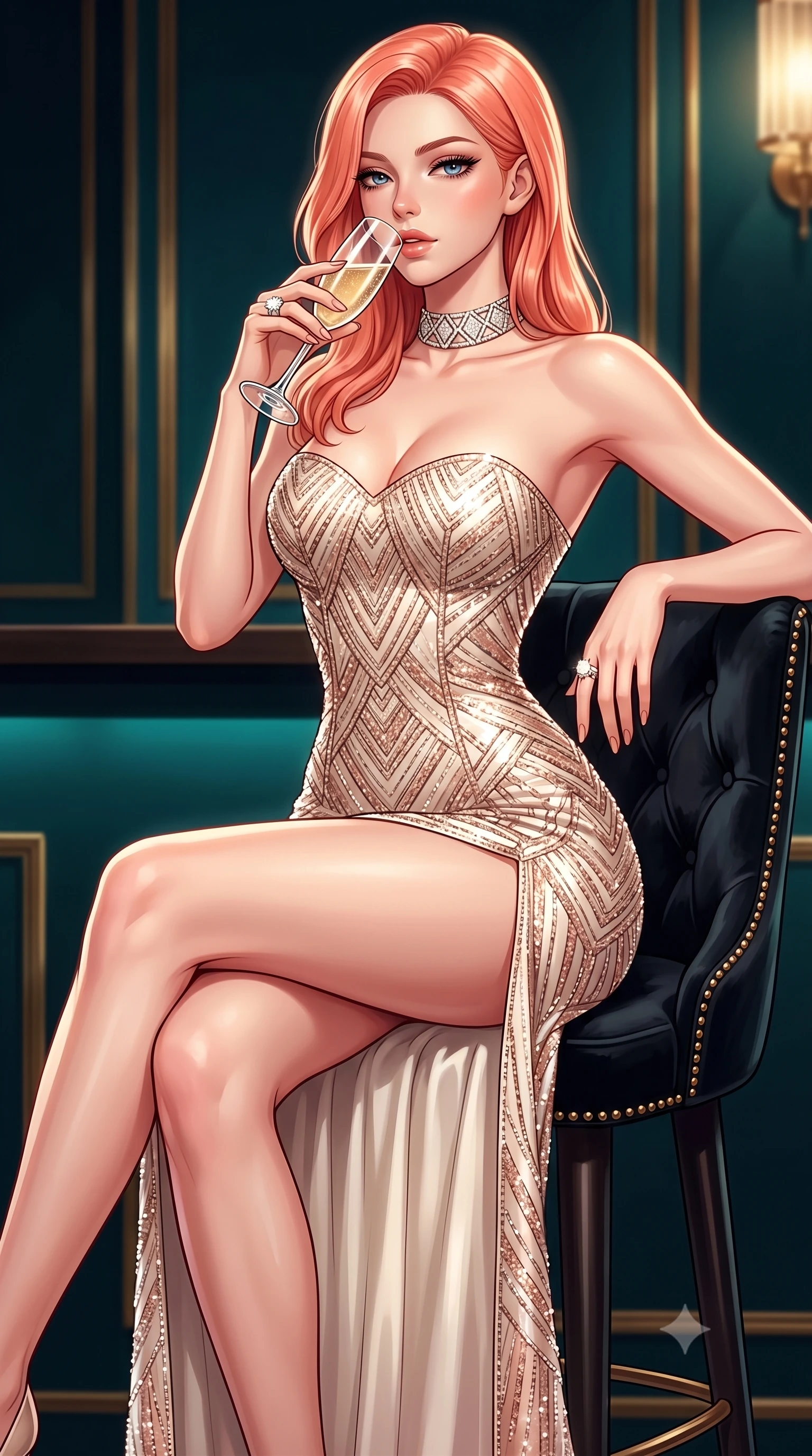 score_9, masterpiece, best quality, ultra-detailed, high-budget anime keyframe, semi-realistic 3D game render, editorial fashion photography, tasteful artistic composition, Japanese woman. close-up cowboy shot from the waist and thighs up, the character dominates the composition, filling the frame with her large presence. leaning back with relaxed seductive grace, her sculpted collarbones and narrow waist highlighted as she casts smoldering bedroom-eyes directly into the camera while sitting high on a tufted black velvet barstool with legs crossed, arching her lower back while holding a crystal champagne flute to her lips. The surrounding environment is rendered in vivid detail and crisp panoramic clarity. luxurious vintage chiaroscuro and glamorous Great Gatsby nightlife aesthetics rendered with precision. She has an exceptionally elegant, slender, and willowy female figure with an ultra-slim waist, a gracefully sculpted slender torso, toned flat midriff, and rounded feminine hips creating an alluring hourglass silhouette. sharp v-shaped jawline, high-bridge nose, intricate jewel-like eyes with depth, thick eyelashes, glossy parted lips with a natural sheen, intensely captivating and seductive bedroom-eyes expression, flawlessly proportioned anatomical accuracy, strict slender model proportions, natural body alignment, perfectly sculpted long slender limbs, ultra-slim waistline, clean dynamic posture without body distortion. wearing a strapless midnight sequin column dress with a daring side slit ascending to the hip in pristine ivory cream and antique rose gold, formed from shimmering geometric Art Deco beadwork over fluid silk lining, complemented by a bold geometric diamond choker and glittering cocktail ring, the form-contouring material adhering flawlessly to her sculpted flat midriff and slender torso, emphasizing her long leg lines and perfectly proportioned willowy build. surrounded by an opulent, scandalous, and irresistibly intoxicating jazz-age siren aura. highly saturated vibrant anime colors, detailed shading with soft gradients, rich glossy textures, high-contrast stereoscopic depth, volumetric dynamic lighting, master piece, 9:16 ratio