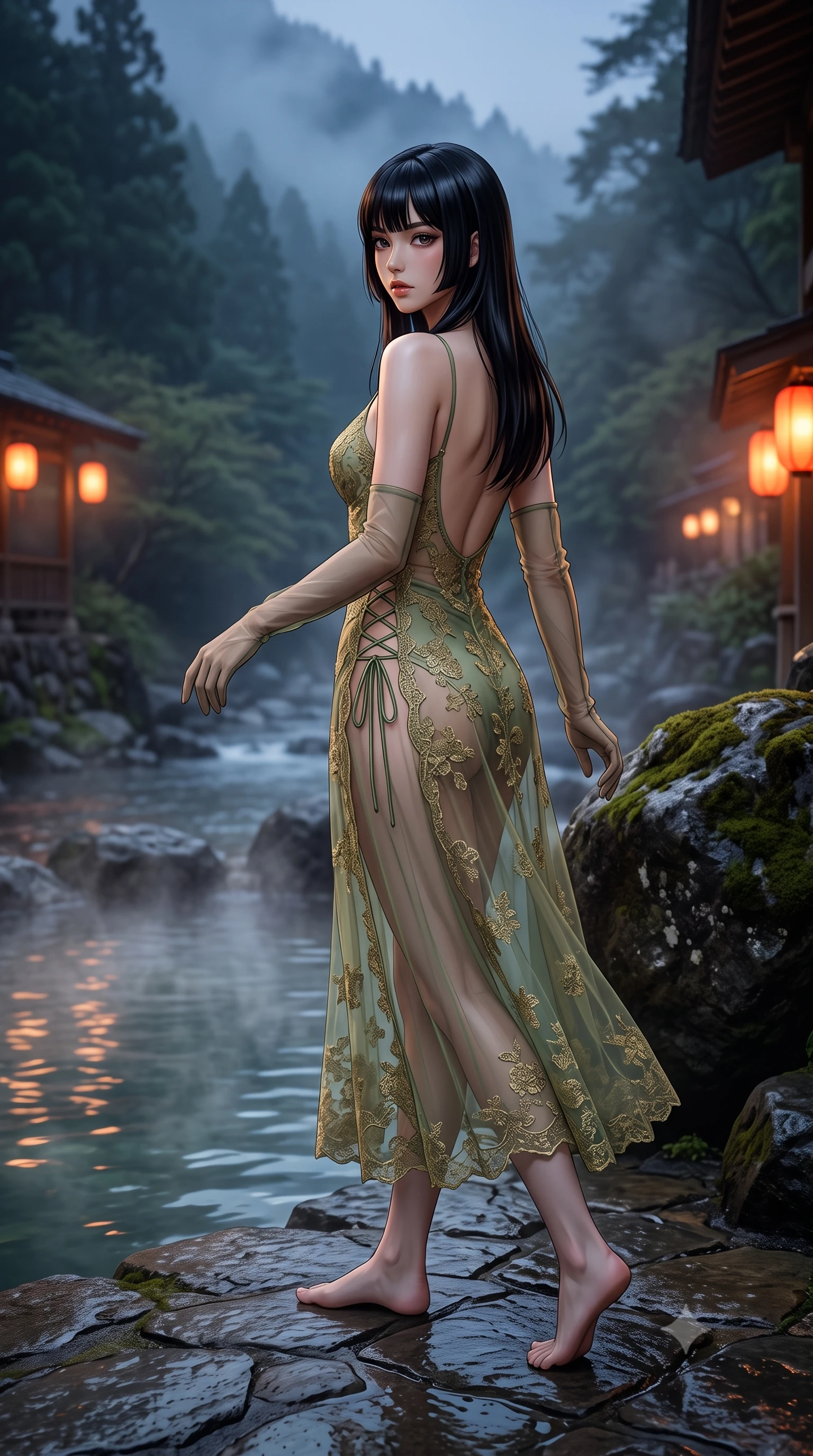 score_9, masterpiece, best quality, ultra-detailed, high-budget anime keyframe, semi-realistic 3D game render, editorial fashion photography, tasteful artistic composition, Caucasian woman. low angle full-body shot from head to toe showing her feet, filling the entire 9:16 vertical frame with her statuesque presence, stretching her vertical silhouette. walking along the terrace with poise, looking back over her bare shoulder with an irresistible smoldering bedroom-gaze while lounging gracefully in the steaming thermal pool propped on the riverbank rock with legs extended, her statuesque 8.5-heads silhouette commanding the gorge. The background shows a soft-focus drifting sulfur steam clouds softened in mystical Hakone mountain sanctuary shallow focus. She has an exceptionally tall and slender model-like 8.5-heads proportion, an ultra-slim waist, a flat toned midriff, narrow delicate ribcage, and beautifully sculpted feminine hips creating a graceful, slim hourglass silhouette without any bulky heaviness, with impossibly long slender legs. sharp v-shaped jawline, high-bridge nose, intricate jewel-like sparkling eyes with depth, thick eyelashes, glossy parted lips with a natural peach sheen, bright cheerful beaming smile with an enchanting and coquettish sensual glint, exuding both youthful cute charm and seductive allure, flawlessly proportioned anatomical accuracy, strict slender model proportions, natural body alignment, perfectly sculpted long slender limbs, ultra-slim waistline, clean dynamic posture without body distortion. wearing an alluring sheer gossamer slip dress with side lace-up corset ties revealing glimpses of her hip curve in Gion antique matcha green and gilded gold leaf, made of delicate embroidered tulle lace with intricate floral motifs and soft transparency, complemented by sheer opera-length evening gloves tracing her slender arms, the precision-cut side openings and low-back scoop framing her graceful spine and the sensual sweep of her slim, toned hips. bathed in the romantic vermilion-and-gold 2300K lantern glows contrasted with cool deep-blue mountain mist. highly saturated vibrant anime colors, detailed shading with soft gradients, rich glossy textures, high-contrast stereoscopic depth, volumetric dynamic lighting, master piece, 9:16 ratio