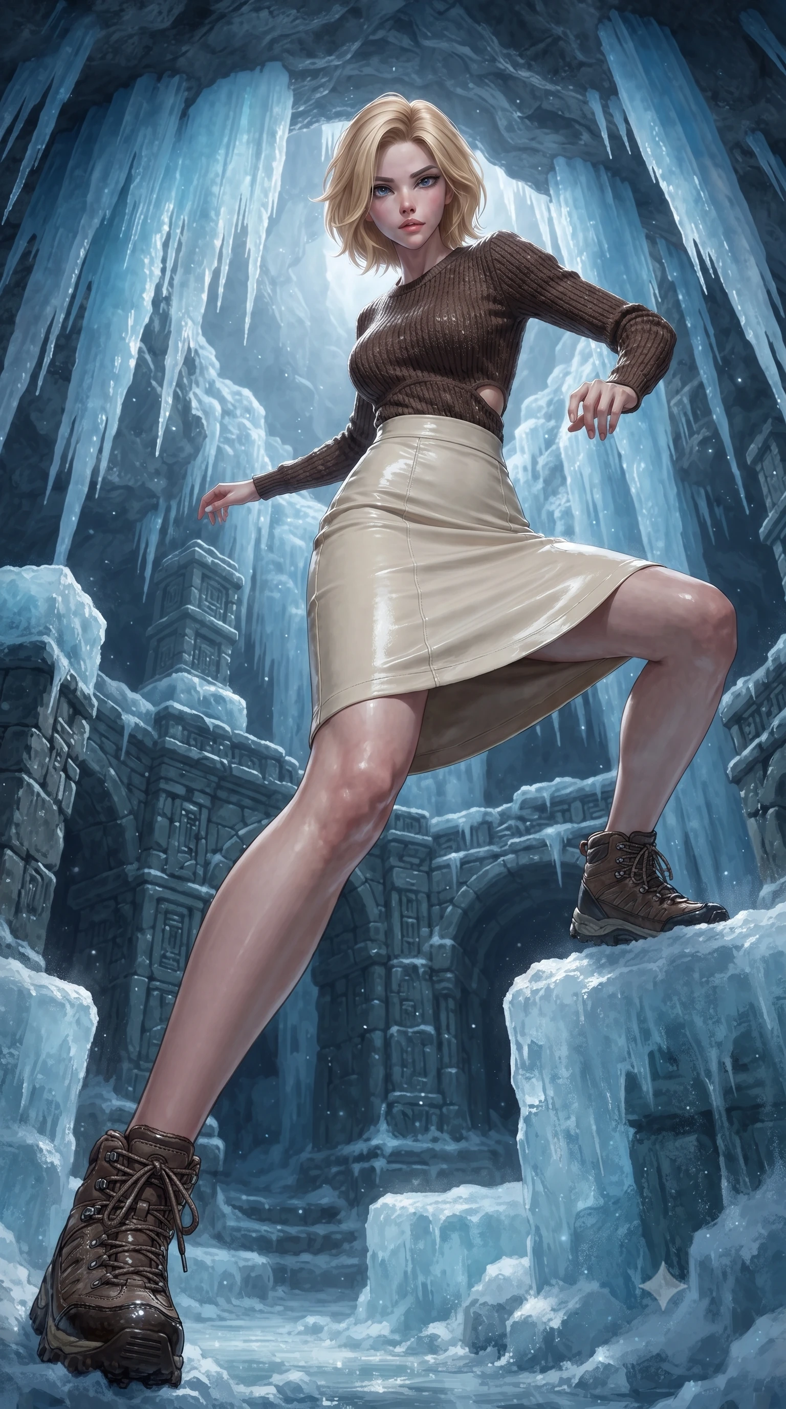 score_9, masterpiece, best quality, ultra-detailed, high-budget anime keyframe, editorial fashion photography, tasteful artistic composition, realistic cosplay photography, Caucasian woman, strictly human ears. low angle full-body shot from head to toe showing her feet, filling the entire 9:16 vertical frame with her statuesque presence, stretching her vertical silhouette. vaulting over architectural obstacles with acrobatic grace and fierce determination through inside a cave carved behind a frozen glacial waterfall, columns of pure blue ice hanging from the ceiling. She has a statuesque 8.5-heads proportion, an exceptionally tall, slender and willowy model-like build with impossibly long legs and a highly sculpted ultra-slim waist. sharp v-shaped jawline, high-bridge nose, intricate jewel-like eyes with depth, thick eyelashes, glossy lips with a natural sheen. wearing catching and diffusing the glowing particles, shimmering softly in response to the surrounding light, a tailored chocolate brown knit top with a subtle waist-cutout detailing, paired with a cream leather pencil skirt. cold silver moonlight filtered through translucent gossamer curtains casting delicate shadows. ultra-reflective glossy finish, specular highlights, metallic sheen, high-contrast stereoscopic depth, volumetric dynamic lighting, 2k, ultra detail, master piece, 9:16 ratio