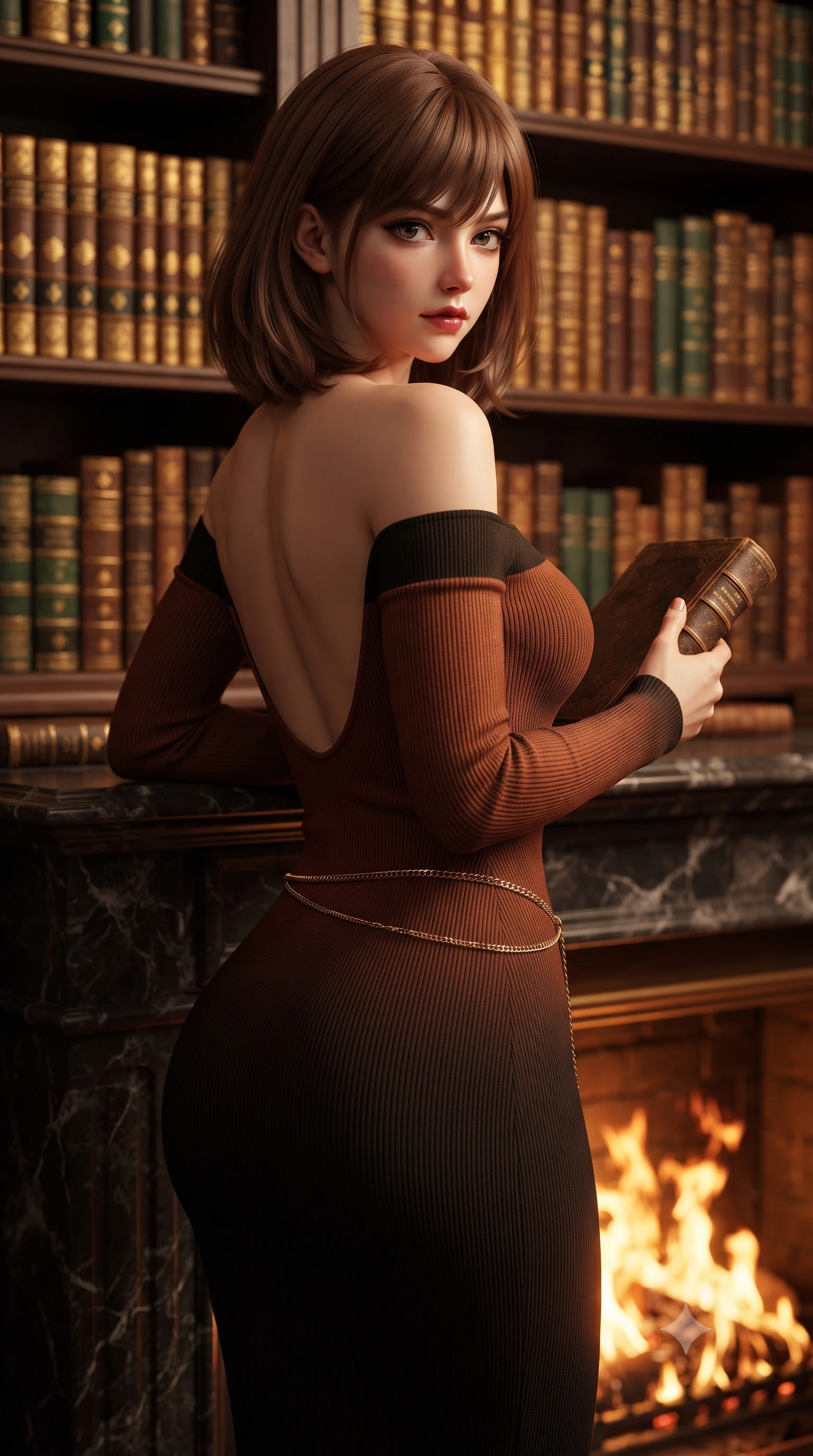 score_9, masterpiece, best quality, ultra-detailed, high-budget anime keyframe, editorial fashion photography, tasteful artistic composition, Caucasian woman. close-up cowboy shot from the waist and thighs up, the character dominates the composition, filling the frame with her large presence. posing in an alluring rear three-quarter angle, turning over a bare shoulder with an intoxicating, smoldering gaze, her hips cocked back to highlight her slim hourglass curve while leaning against the dark marble mantelpiece with hips cocked back, holding a leather-bound book while casting a devastating, intelligent bedroom-gaze. The composition keeps background elements in soft focus with dreamy creamy bokeh. thousands of gold-embossed antique book spines on soaring dark wood shelves blurred into warm amber, mahogany, and emerald bokeh. She has an exceptionally elegant, slender, and willowy female figure with an ultra-slim waist, flat toned midriff, narrow ribcage, and sculpted feminine hips creating an alluring, slim hourglass silhouette without bulk. sharp v-shaped jawline, high-bridge nose, intricate jewel-like dark sparkling eyes with dangerous depth, thick curled eyelashes, glossy parted lips with a rich wine sheen, smoldering seductive half-smile with bedroom-eyes, exuding effortless superiority and intoxicating dark allure, flawlessly proportioned anatomical accuracy, strict slender model proportions, natural body alignment, perfectly sculpted long slender limbs, ultra-slim waistline, clean dynamic posture without body distortion. wearing a form-contouring off-shoulder ribbed cashmere bodycon midi dress with a low-back scoop in dark burnt copper and matte black, made of liquid-tight stretch jersey emphasizing every curve of her body, finished with a delicate gold snake chain belt resting loosely across her curvy hips, the form-contouring cut accentuating her sculpted flat midriff, narrow delicate ribcage, and gracefully curvy hips with sovereign high-fashion precision. bathed in dynamic dancing orange and amber firelight from the roaring hearth. ultra-reflective glossy finish, specular highlights, rich textural contrasts, high-contrast stereoscopic depth, volumetric dynamic lighting, 2k, ultra detail, master piece, 9:16 ratio